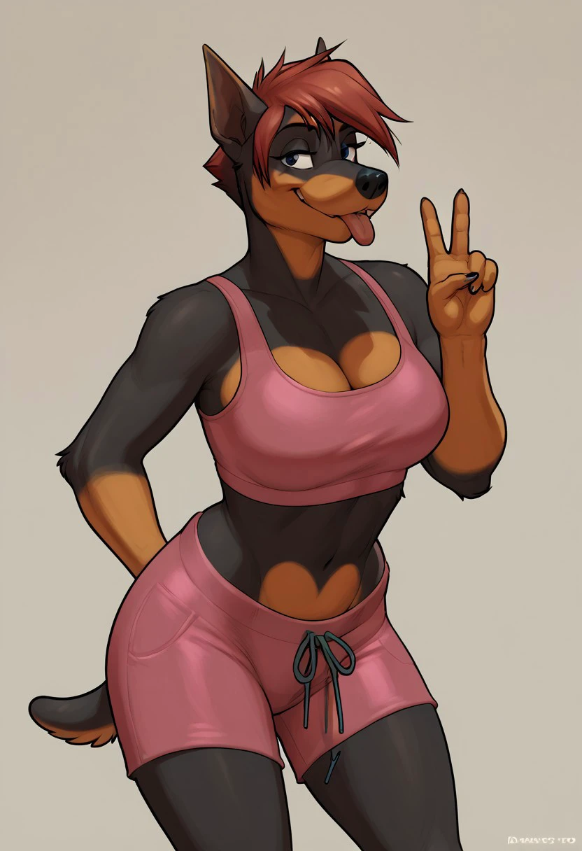 Score_9, score_8_up, score_7_up, score_6_up, score_5_up, score_4_up, 1girl, solo, Denise, anthro Doberman, short hair, red hair, black fur, tan fur, curvaceous, furry female, big breasts, pink sports bra, cleavage, midriff, pink sports shorts, thighs, smile, animal snout, tongue out, v sign