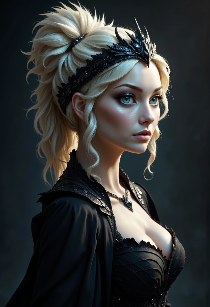 ethereal dragon queen blue eyes, blonde hair, elegant updo, soft lighting, contemplative expression, dark background, dragon crown, high-resolution, detailed texture, emotional depth, dramatic mood, classic black dress, side profile, serene atmosphere, cinematic lighting.