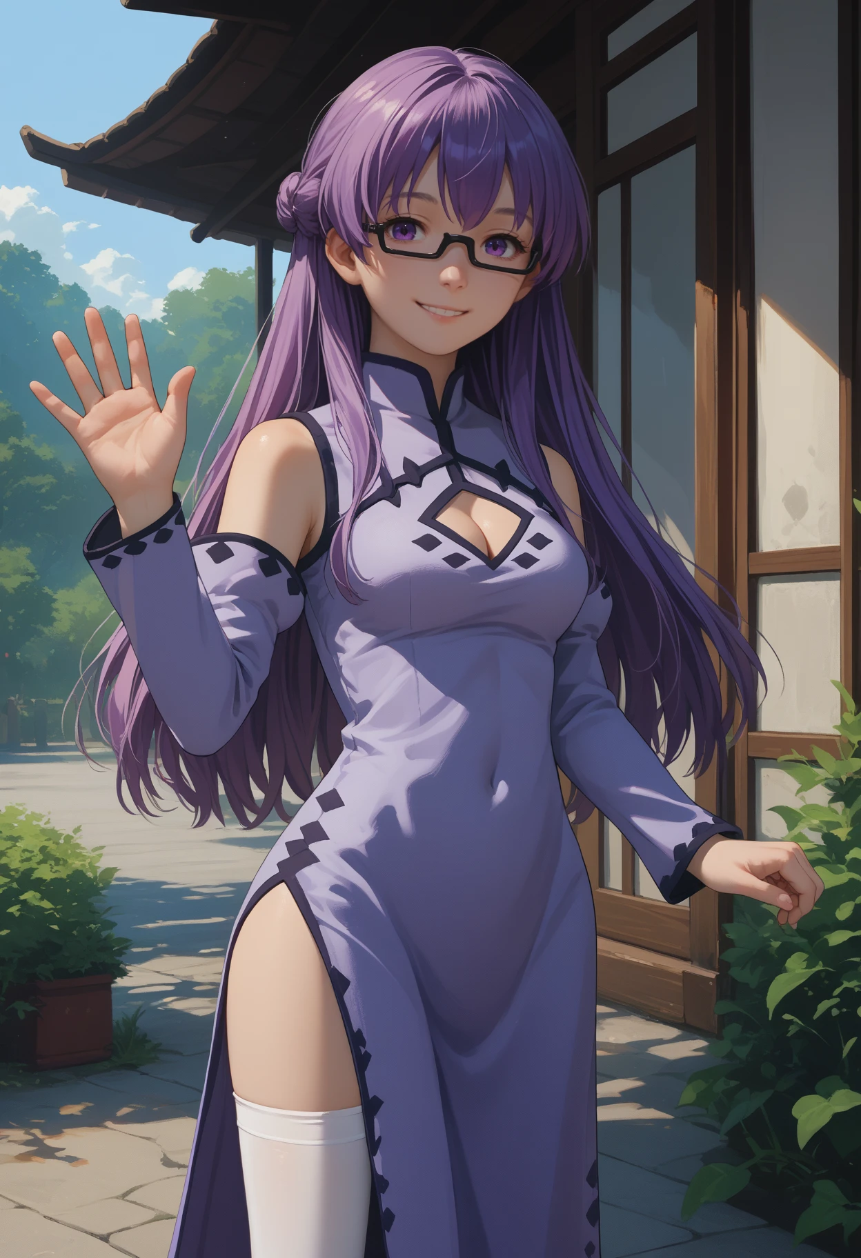 score_9, score_8_up, score_7_up, source_anime, solo, 1girl, agksheele, smile, looking at you, waving, glasses, purple dress, china dress, cleavage cutout, side slit, detached sleeves, white thighhighs, bare shoulders, outdoors
<segment:yolo-face_yolov8m.pt,0.4,0.5//cid=1>