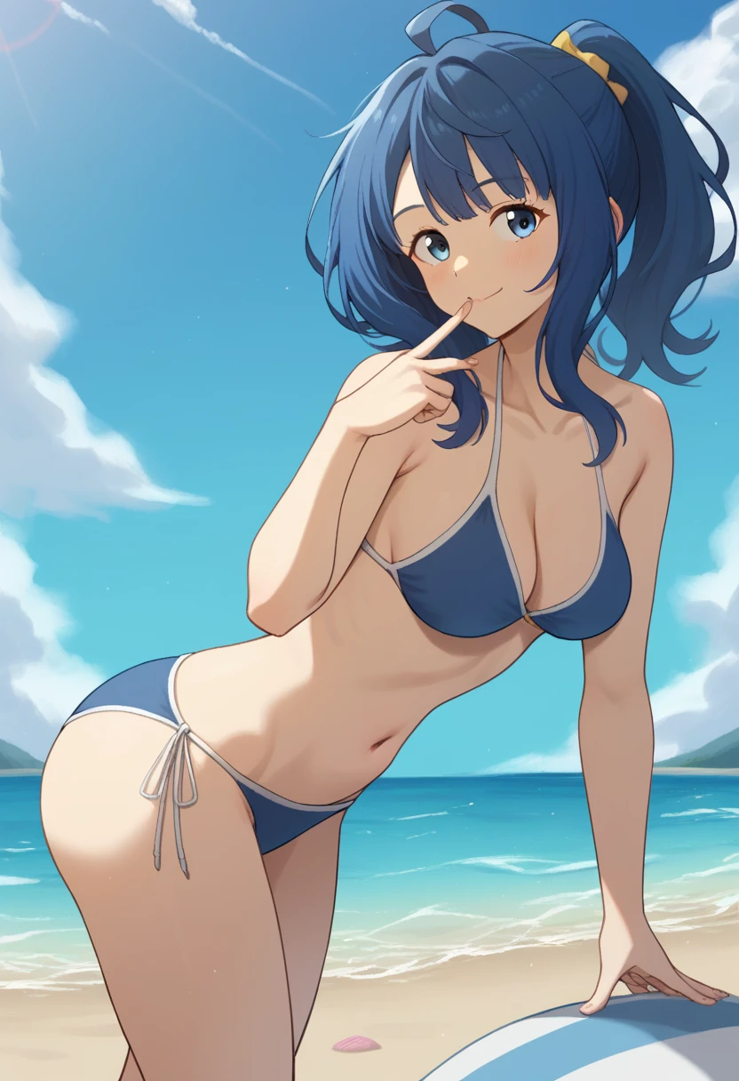 1 girl, alone, akane kurokawa, masterpiece, best quality, cowboy photo, looking at viewer, head on, point of view (from below), smile, bleached hair, short hair, blue eyes, blue bikini, blue bra, blue thong, standing, outside, beach, sea, big breasts, medium waist, wide hips, medium thighs, round butt, perfect anatomy, perfect hands,