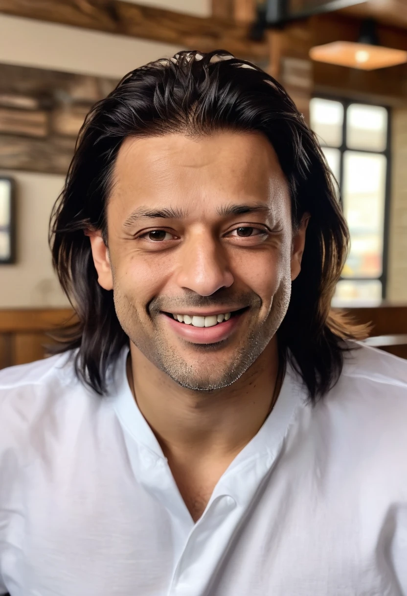 closeup head and shoulders portrait of bob,long hair,restaurant,smile,white_shirt,muscular,jeans,fit body,<lora:Bob Food Use:1>,