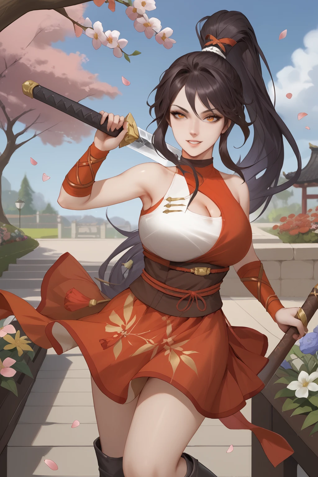 ran hong xia, black hair, long hair, high ponytail, red hair ribbon, orange eyes, sleeveless top, red and white halter neck top, cleavage, cleavage cut-out, red wrist, brown sash on waist, red ribbon bind waist, red micro skirt, black boots, holding a sword,
(nsfw), (uncensored), (score_9), score_8_up, score_7_up, source_anime, cowboy shot, dynamic pose, Happy, Smile, Parted Lips, blush, ashamed, shy, sexy, charming, alluring, seductive, enchanting, erotic,
((outdoors)), ((flower garden)), ((flowers)), ((many flowers)), spring petals, petals of flowers, spring, falling petals, flying butterflies<lora:EMS-460651-EMS:1.000000>