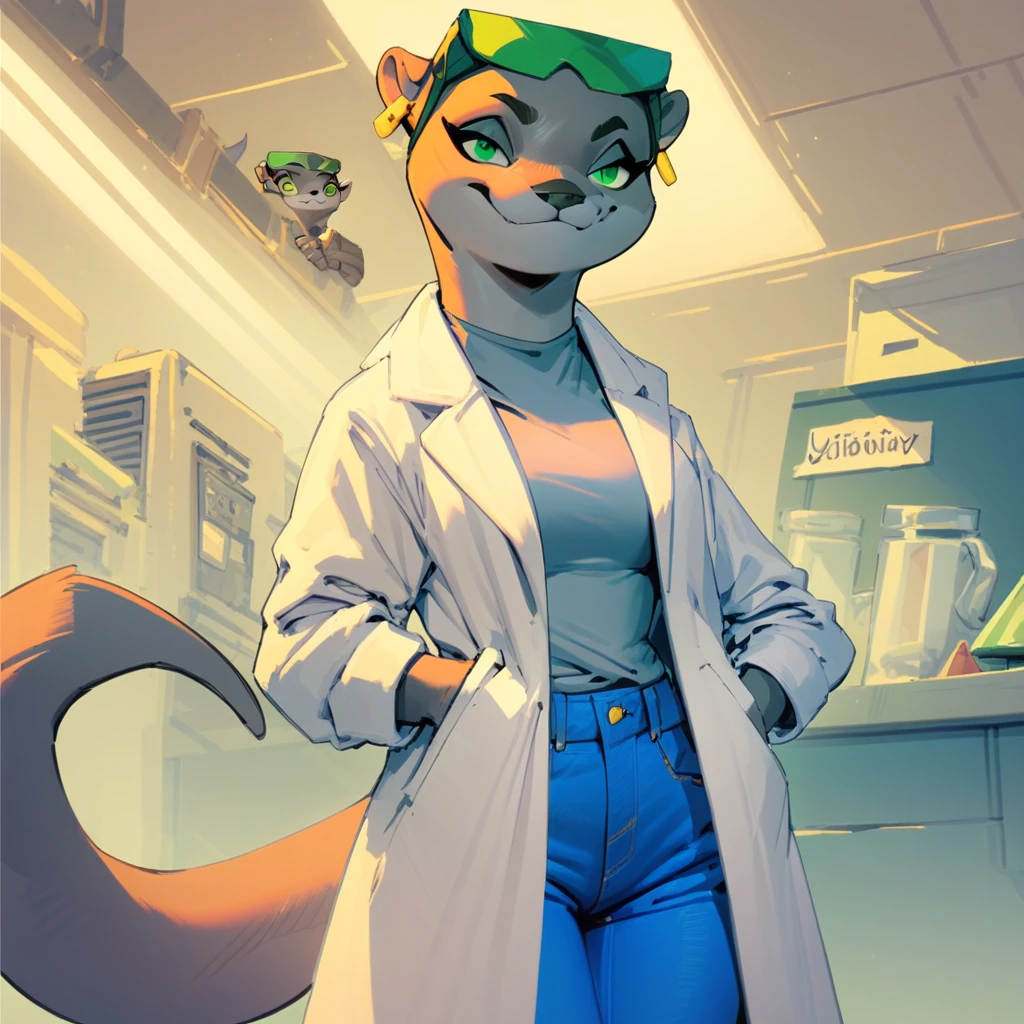 Score_9, score_8_up, score_7_up, MarieItami, anthro, green eyes, otter, standing, wearing white lab coat, grey shirt, blue jeans, gold earings, green eyewear on head, smirking, in a lab,