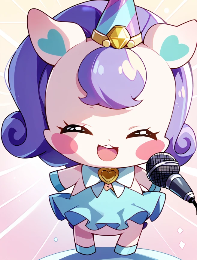 score_10, score_9_up, score_8_up, Niko, solo, smile, open mouth, holding, closed eyes, purple hair, no humans, ^_^, blush stickers, microphone, holding microphone, idol outfit