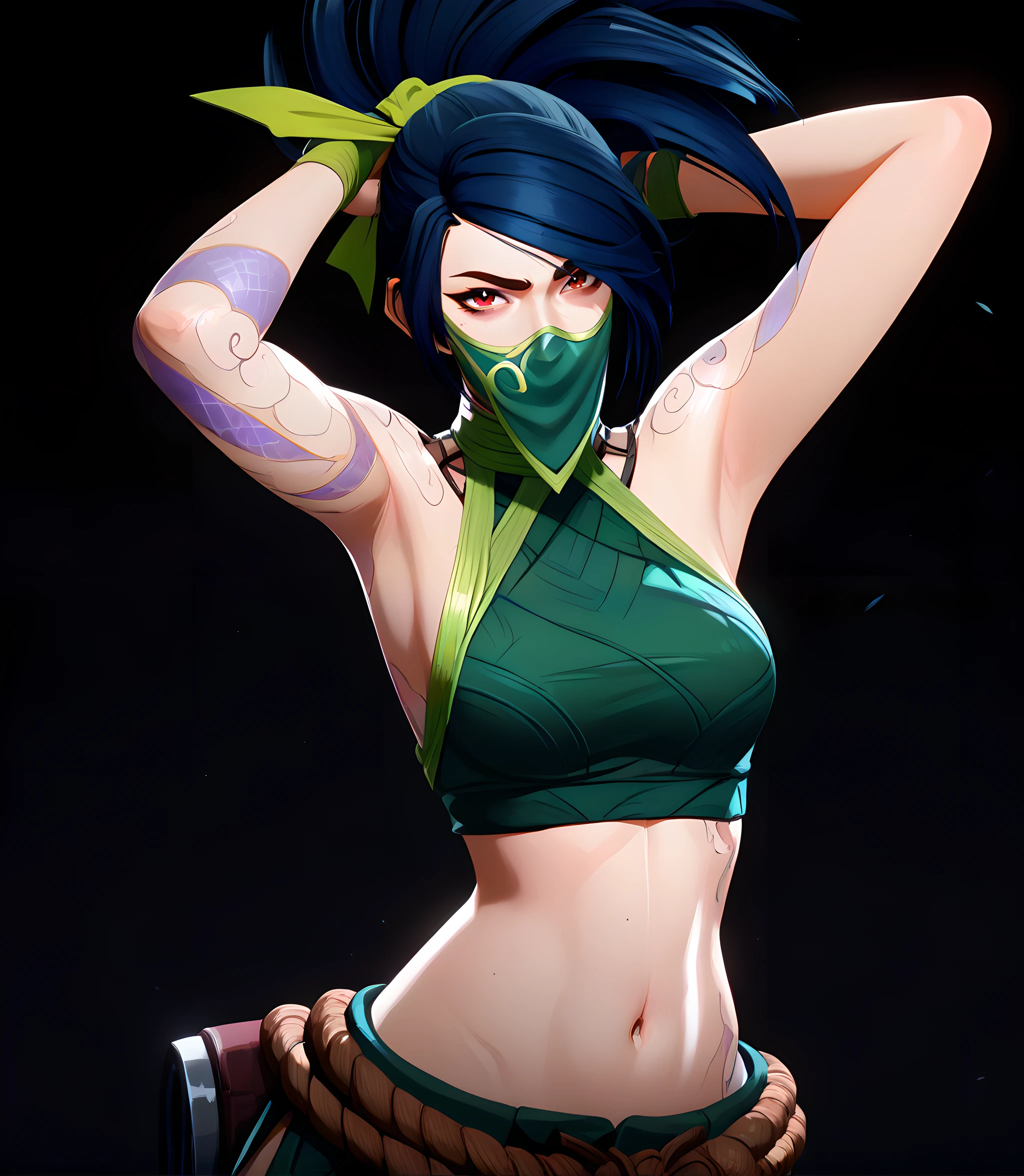 4kali, akali, 1girl, long hair, black hair, ponytail, red eyes, ribbon, hair ribbon, green ribbon, mask, mouth mask, ninja mask, tattoo, arm tattoo, shoulder tattoo, bare shoulders, crop top, midriff, navel, sleeveless, green shirt, rope, pants, green pants, score_9, score_8, score_7, source_anime, zPDXL, looking at viewer, <lora:arcan3styl3v1PonySDXL:0.35>, arcan3styl3v1, <lora:4rc4n3XLP:0.51>, 4rc4n3, dynamic angle, ( dynamic pose), black background, <lora:Akali_Default_Pony_v1:1>, dramatic light