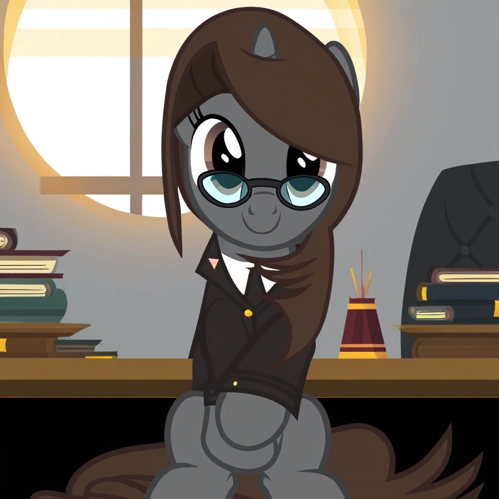 masterpiece, best quality, perfect detail, score_9, score_8_up, score_7_up, rating_safe, 1girl, oc:sonata, pony, G4, female, show accurate, office, sitting, sitting at desk, sitting in office chair, books, attorney suit, badge on collar, 1/4 view, glasses, looking at you, smiling, window, sunlight, beautiful