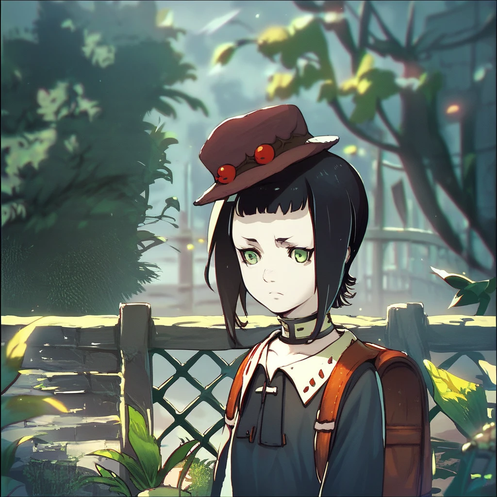 score_9, score_8_up, score_7_up, rita, shingeki no bahamut genesis, 1girl, solo, hat, short hair, bag, backpack, green eyes, black hair, randoseru, fence, black border, blurry, plant, border, choker, outdoors