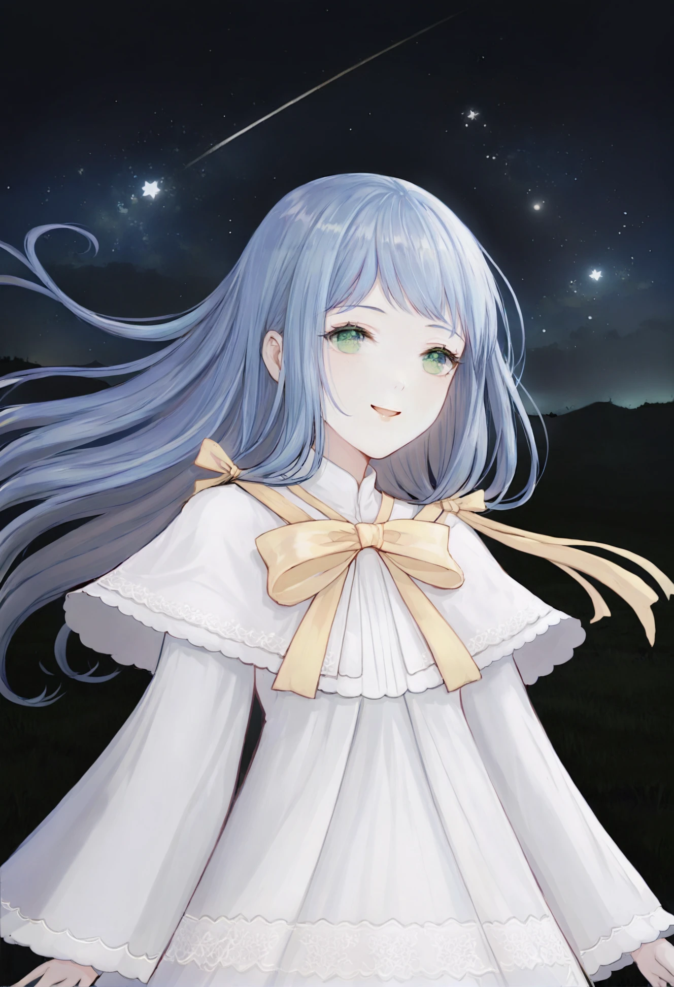 masterpiece, best quality,solo, 1girl, long hair, green eyes, sky, dress, ribbon, yellow ribbon, long sleeves, smile, upper body, blue hair, night, star \(sky\), open mouth, white capelet ,
 <lora:å±±é¬¼äºè°£XLlokr4f-000189:0.95>