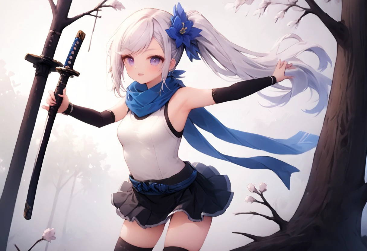 1 girl ,white long hair,slender body,smooth skin,side ponytail hair, explicits shoulders, swept bangs,short katana,flower hair tie,very short ninja skirt, scarf, stylish ninja tanktop, detailed armpit,sexy pose, show vulgar medium round breast, elbow gloves,thigh high sock,standing,on tree branch,cowboy shot, bossy attitude, detailed eye, symbol eye, forest background , detailed background ,cool aura surrounded her,