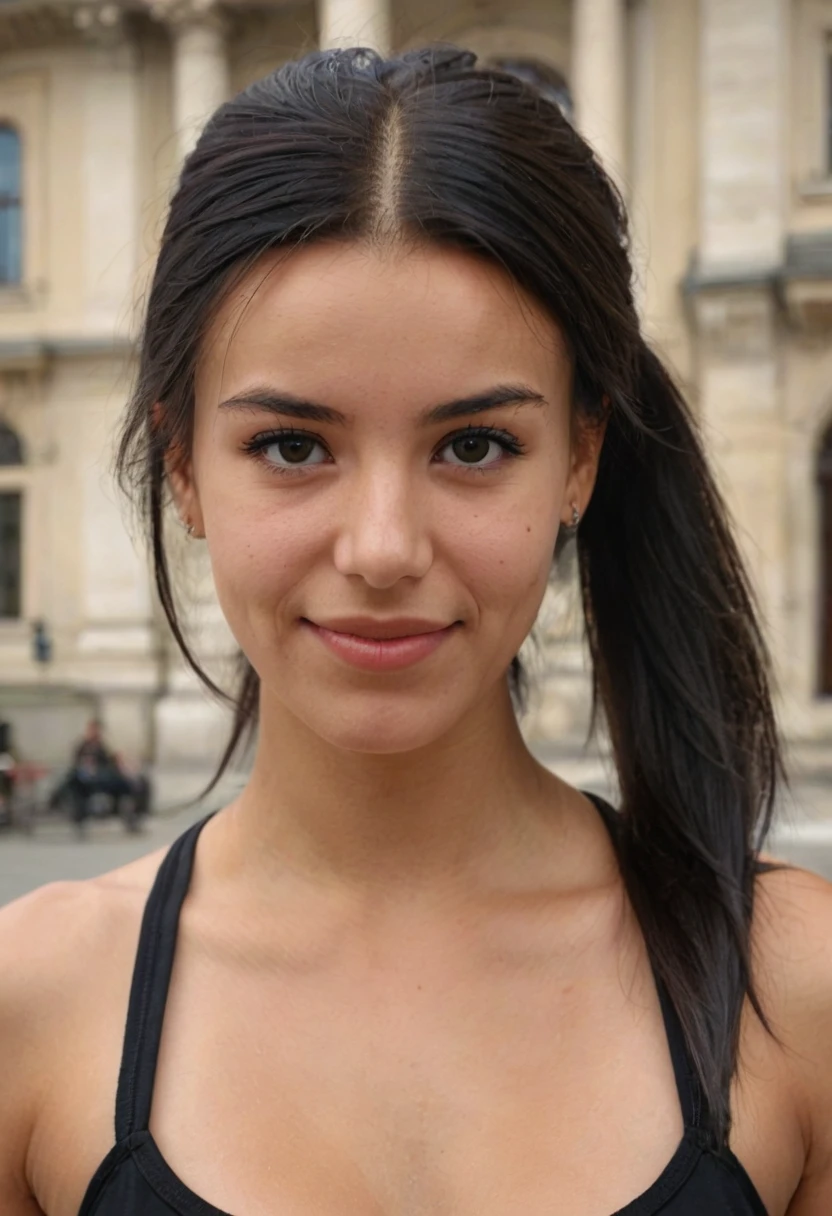 closeup face portrait,looking at viewer,madison,pony-tail,modern,Europe,smirk,black hair,casual,woman,<lora:Madison Grace Reed SDXL:0.8>,UHD,8k,shot on Canon EOS 5D,
