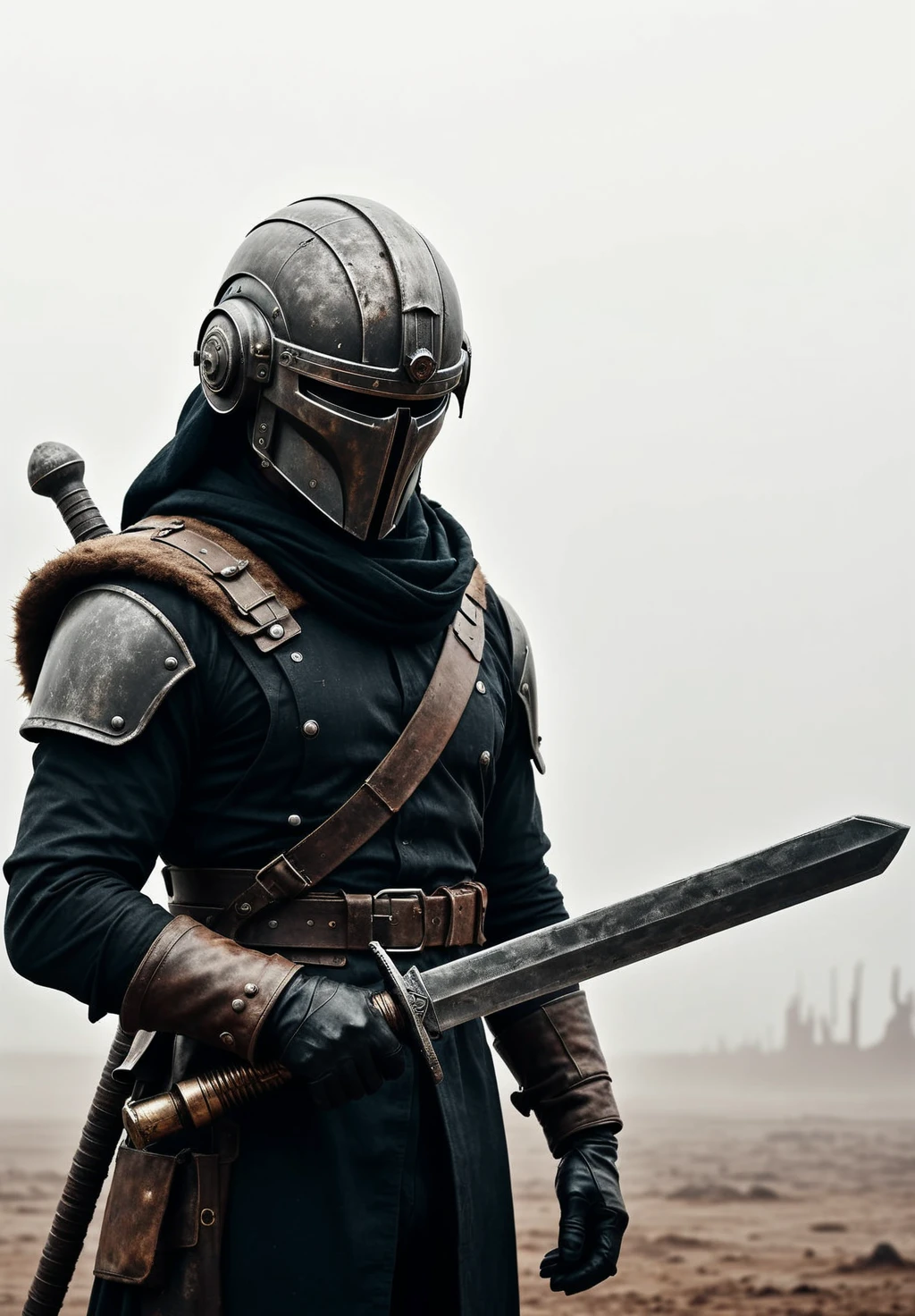 full-body shot of a mysterious warrior in a post-apocalyptic setting, wearing a dark, weathered suit and helmet, holding a large, rusted sword, standing in a foggy, desolate environment, cinematic atmosphere, gritty textures, soft focus on background, shot with an ARRI Alexa 65 camera, 35mm anamorphic lens, ISO 800, f/2.8, 1/50 shutter speed. <lora:BDetailedv3-000007:1>