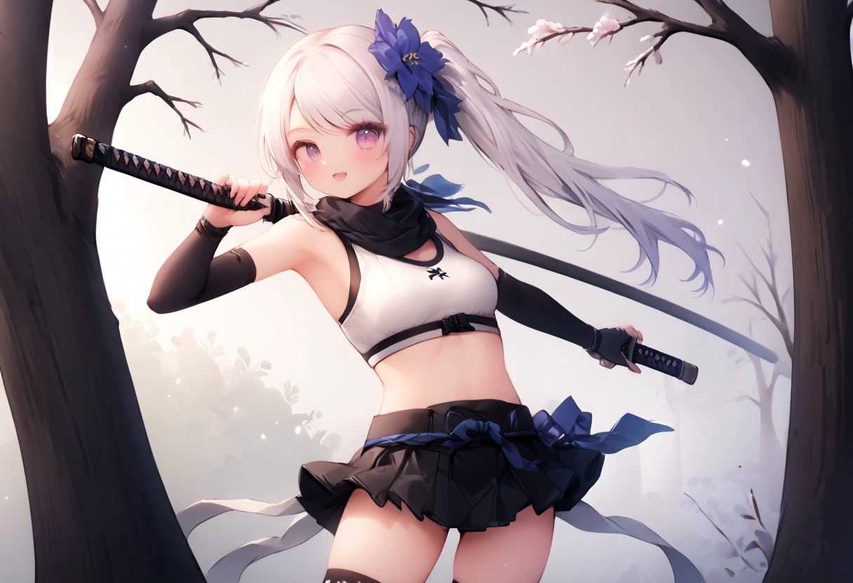 1 girl ,white long hair,slender body,smooth skin,side ponytail hair, explicits shoulders, swept bangs,short katana,flower hair tie,very short ninja skirt, scarf, stylish ninja tanktop, detailed armpit,sexy pose, show vulgar medium round breast, elbow gloves,thigh high sock,standing,on tree branch,cowboy shot, bossy attitude, detailed eye, symbol eye, forest background , detailed background ,cool aura surrounded her,