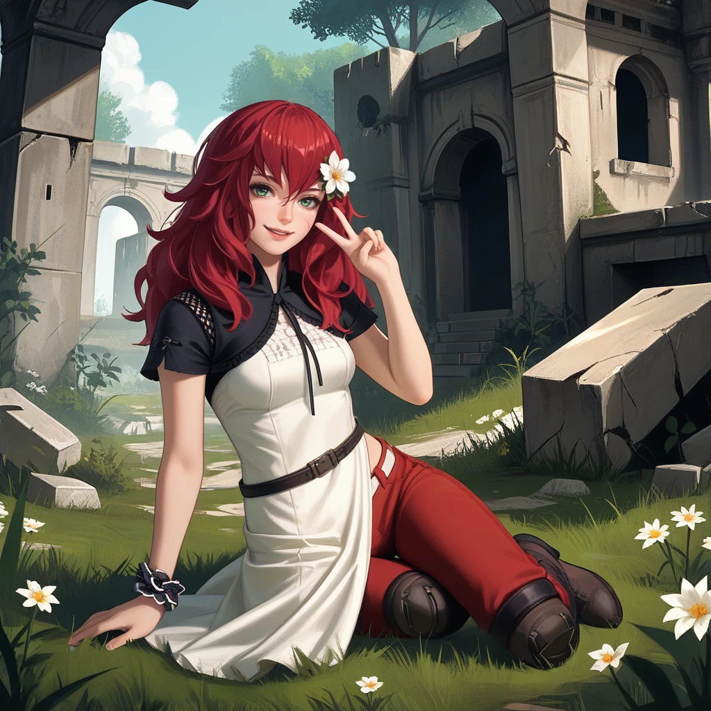 <lora:d&p:1>,1girl,solo,"devola,messy hair",red hair,green eyes,hair flower,white flower,black capelet,fishnet cutout,short sleeves,grey dress,red pants,white belt,black belt,scrunchie,knee pads,lace-up boots,
outdoors, on grass, forest, ruins, day, 
cowboy shot,kneeling,hand up,v,hand on own leg,looking at viewer,happy,open mouth,closed mouth,head tilt,smile,, score_9, score_8_up, score_7_up, perfect anatomy, source_anime, zPDXL2,