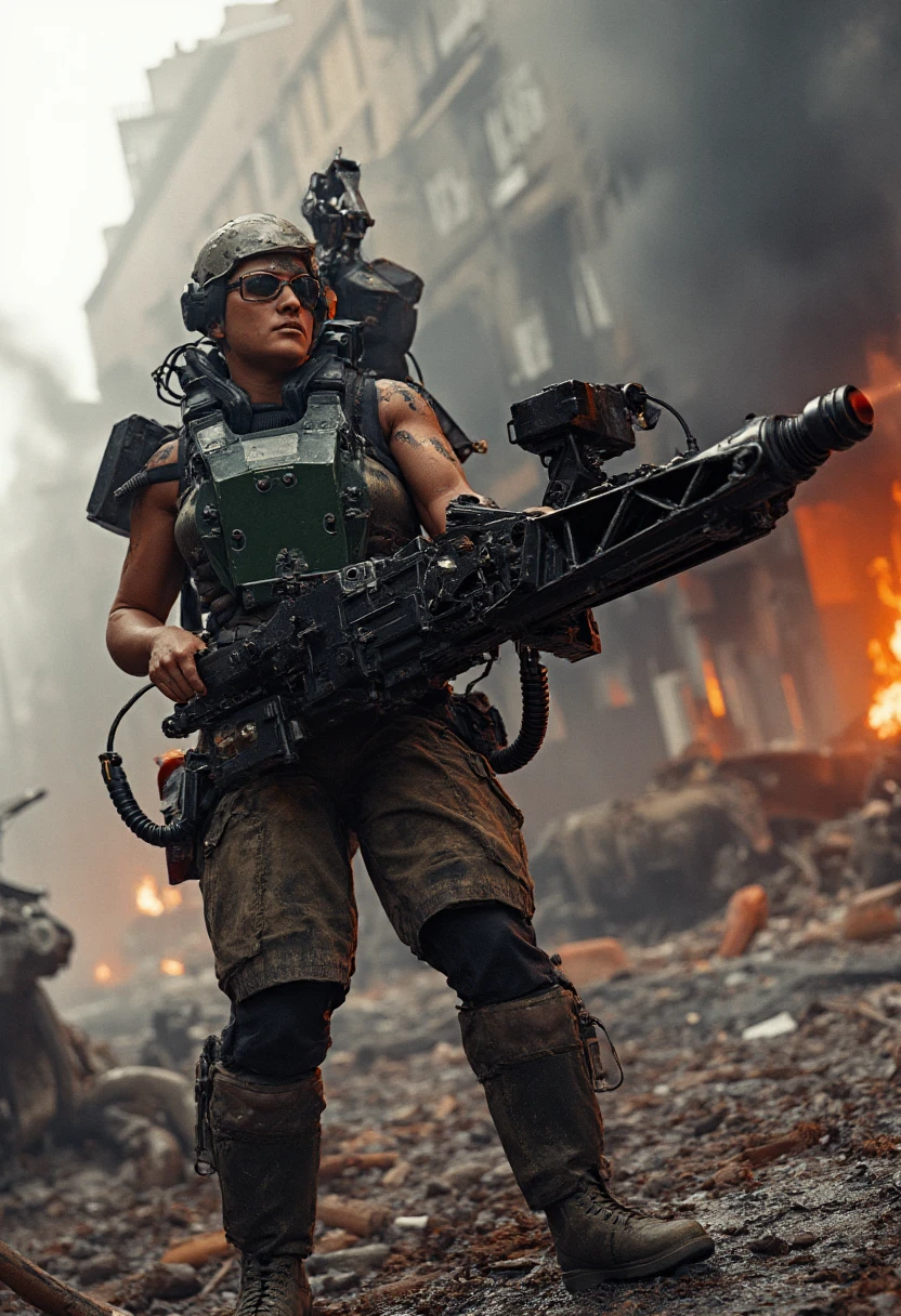 In the midst of a chaotic urban battlefield, a Colonial Marine wields the formidable M56 Smartgun, captured in vivid photorealism. The Marine, clad in battle-worn armor, stands in a crumbling street surrounded by the debris of shattered buildings and burning vehicles. The Smartgun, a massive, gyroscopically stabilized weapon, is harnessed to the Marine’s body, its targeting system locked onto unseen enemies hidden among the rubble. The photorealistic detail emphasizes the weight and power of the Smartgun, with its rotating barrel and ammunition belt feeding into the weapon as the Marine sweeps it across the battlefield. Smoke and dust swirl around, illuminated by the harsh light of fires and the occasional muzzle flash. The Marine's face, visible through the helmet, is set in grim determination, every muscle tense as she prepares to unleash the devastating firepower of the Smartgun against the approaching enemy. The contrast between the high-tech weaponry and the gritty, war-torn environment highlights the relentless nature of urban warfare