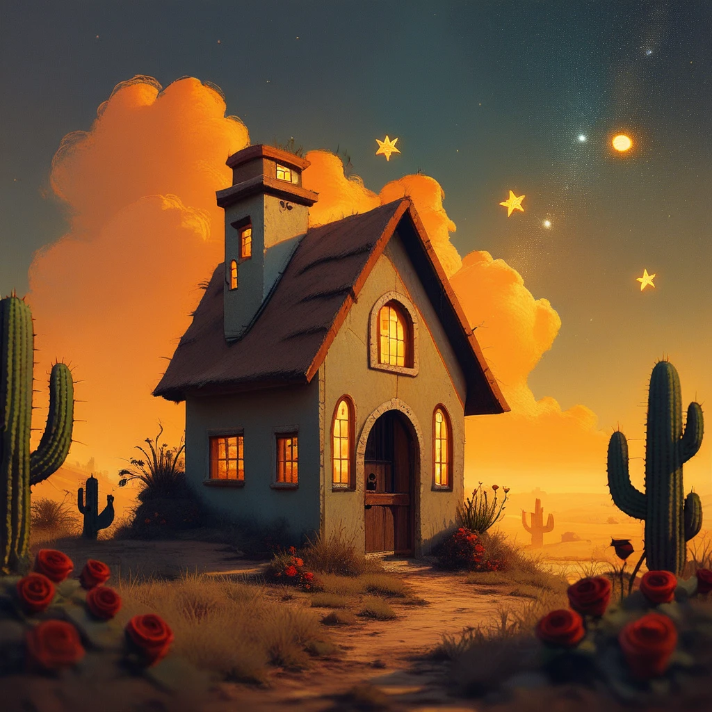 score_9, score_8_up, score_7_up, score_6_up, flux-scenery-pny, a tree house with gold stars, during sunrise, rose foggy sky, landscape with cactus, enigmatic presence, connection to nature