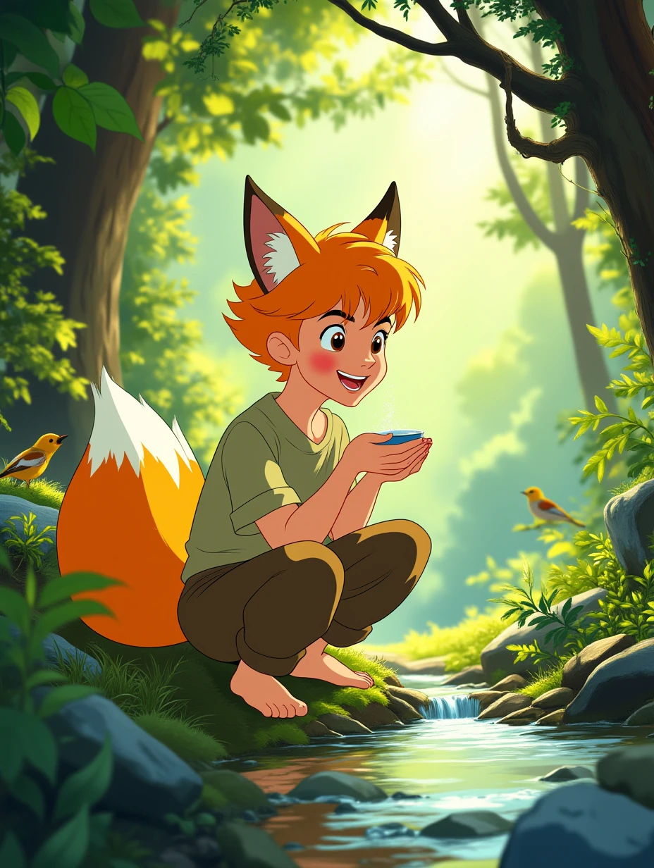 A young boy with the ears and tail of a fox, his hair a bright orange, wearing a simple tunic and trousers, crouching by a stream, cupping water in his hands, with the surrounding forest alive with the sounds of chirping birds and rustling leaves, as a gentle breeze stirs the air