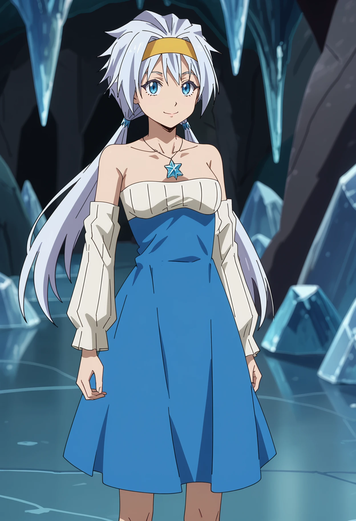 score_7_up, anime screencap,
<lora:TenSura_VelzardXL:0.9>, VelzardTS,
1girl, solo, closed mouth, light smile,
spiked hair, white hair, low twintails, blue eyes, yellow headband,
strapless dress, multicolored dress, ribbed dress, white dress, blue dress, star necklace, detached sleeves,
standing, looking at viewer,
blurry background, indoors, cave, ice