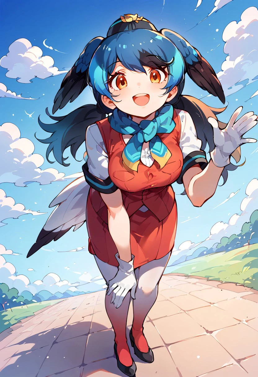 1girl, ((solo)), best quality, ultra-detailed, extremely detailed, perfect anatomy, masterpiece, score_9, score_8_up, score_7_up, Expressiveh, passenger pigeon (kemono friends), multicolored hair, blue hair, black hair, head wings, bird tail, bangs, orange eyes, long hair, twintails, red vest, white shirt, short sleeves, white gloves, red skirt, gradient skirt, hat, garrison cap, gradient legwear, pantyhose, scarf, pencil skirt, blue bowtie, black heels, standing, smiling, happy, staring at viewer, blue skies background, clouds, open mouth smile, dutch angle, closeup,