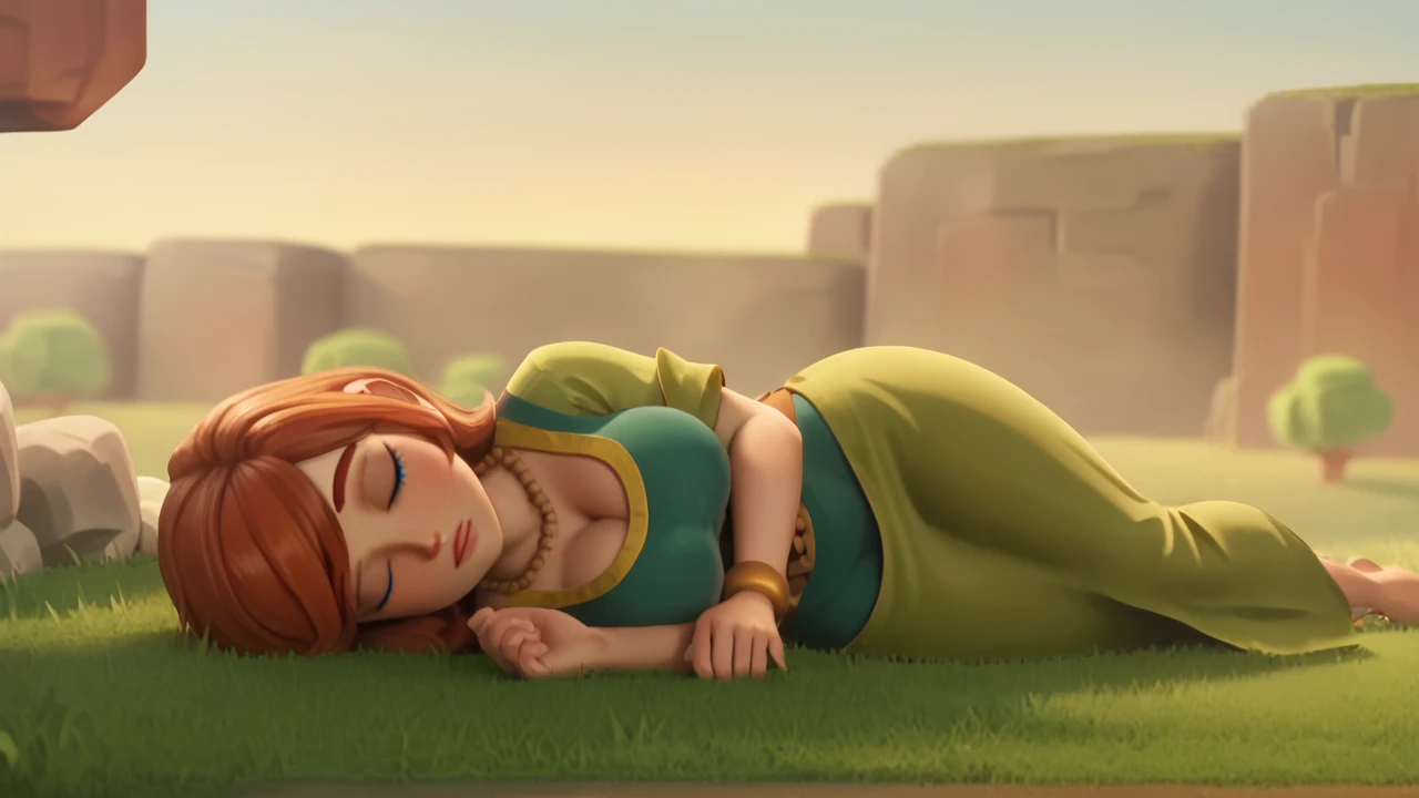 score_9_up, score_8_up, score_7_up, anime screencap, 1girl, villager_coc, blue eyes, large breasts, wide hips, laying on side, on floor, grass, sleep, closed eyes<lora:EMS-462395-EMS:1.000000>