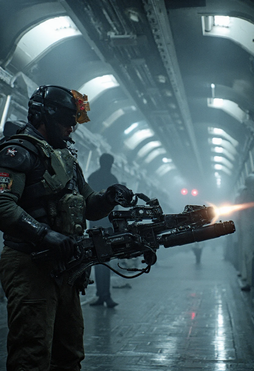 In the partially flooded corridors of an abandoned underwater research facility, a Colonial Marine wades through waist-deep, murky water, her M56 Smartgun held above the surface, captured in chilling photorealism. The facility is in a state of decay, with broken lights flickering sporadically, casting eerie reflections on the water’s surface. The walls are slick with moisture and algae, and the sound of dripping water echoes ominously through the passageways. The Marine’s movements are slow and cautious, her eyes darting nervously as she scans the dark, submerged corners with the Smartgun's targeting system. The photorealistic detail enhances the tension, showing the cold sweat on her face, the water rippling around her, and the debris floating in the flooded corridor. Suddenly, the water around her begins to churn violently, and she whirls around just as a massive, shadowy figure rises from the depths. The Smartgun’s muzzle flashes, illuminating the grotesque form of an aquatic Xenomorph lunging at her, its jaws wide open. The image captures the raw terror of the moment, where the Marine’s skill and firepower are her only defense against the monstrous threat lurking in the dark, suffocating depths