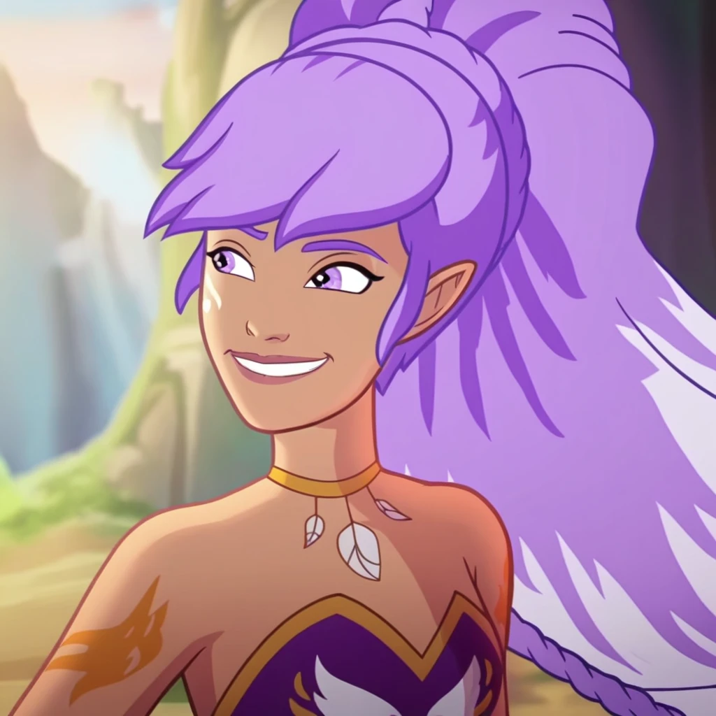 <lora:princess_mandie:1>, princess mandie, masterpiece, best quality, 1girl, solo, earrings, jewelry, green eyes, colored skin, pointy ears, purple hair, long hair, open mouth, breasts, cleavage, star \(symbol\), bare shoulders, parody, yellow skin, antennae, fangs, dress, very long hair, upper body, teeth, outdoors, night sky,