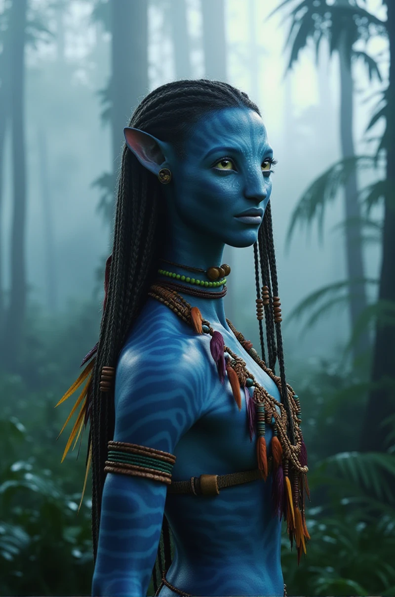 (Based on the movie Avatar), Nytiri, a female Na&#39;vi, It&#39;s in the town, In the hollow of a big tree, Illuminated vines, (Intricate details of high-quality machines), Cinematic Style, Absolute sharpness, 8K images.(masterpiece).