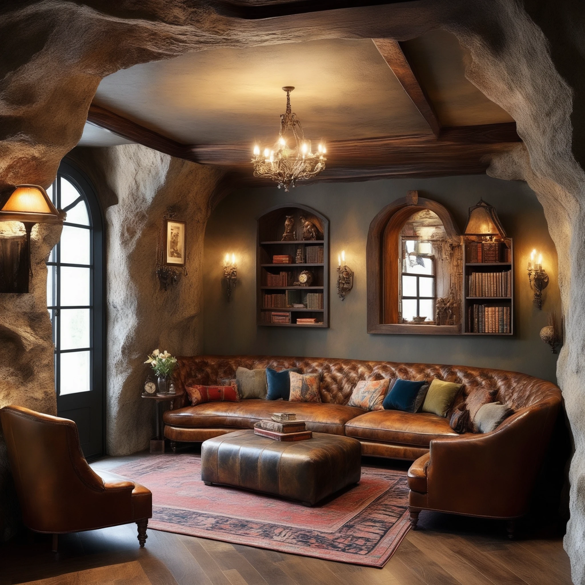 FRESHIDEAS Cave home,Design an English-style cave interior space. The cave walls are **** of natural stone with deep brown wooden wainscoting,creating a warm and rustic atmosphere. The room features deep-colored leather sofas,a large wooden dining table in the center with high-back chairs,and antique wooden cabinets. The floor is covered with dark wood or marble tiles. The space is lit by metal chandeliers and antique bronze wall sconces,casting a warm,inviting glow. The walls are adorned with classic hunting-themed paintings and an old-fashioned clock. A cozy reading nook is set near the cave's natural window,with a comfortable armchair and bookshelves. Add Persian rugs and vintage textiles with plaid or floral patterns to enhance the traditional English aesthetic. The overall mood is cozy,elegant,and slightly mysterious,blending the cave's natural features with traditional English design elements.,