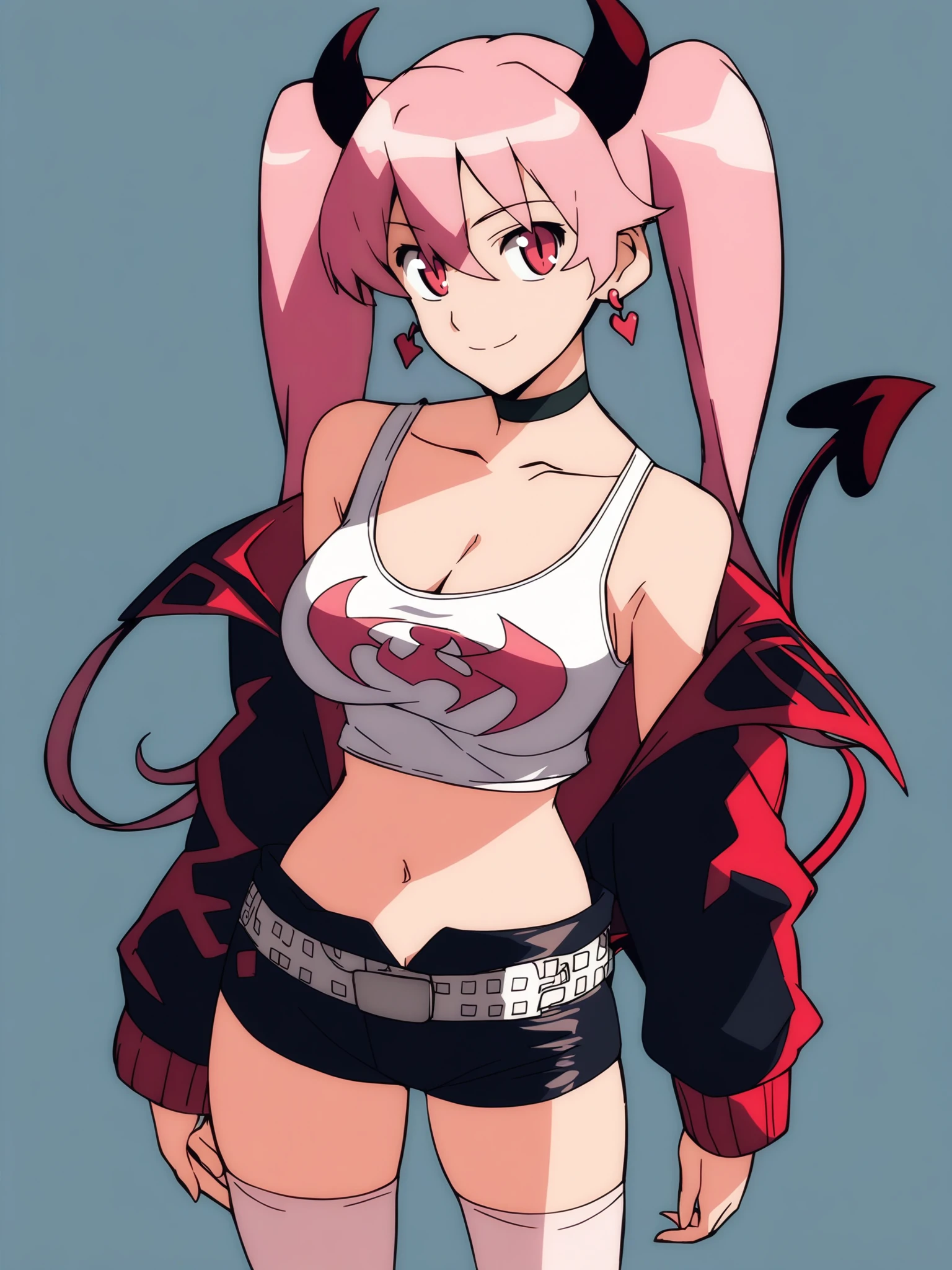 score_9, score_8_up, score_7_up, score_6_up, score_5_up,
1girl, solo, breasts, tail, pink_hair, horns, demon_tail, shorts, jacket, twintails, large_breasts, smile, looking_at_viewer, long_hair, navel, choker, black_background, pink_eyes, short_shorts, belt, demon_girl,  pink_jacket, demon_horns, simple_background, tank_top, open_jacket, cleavage, black_shorts, open_clothes, thighhighs, off_shoulder, bare_shoulders, closed_mouth, head_tilt, hair_between_eyes, cowboy_shot, jewelry, micro_shorts, collarbone, black_choker, white_thighhighs, crop_top, bangs, earrings, clothes_writing, shirt, midriff, standing, see-through, contrapposto, long_sleeves
 <lora:Gurren_Lagann:1>