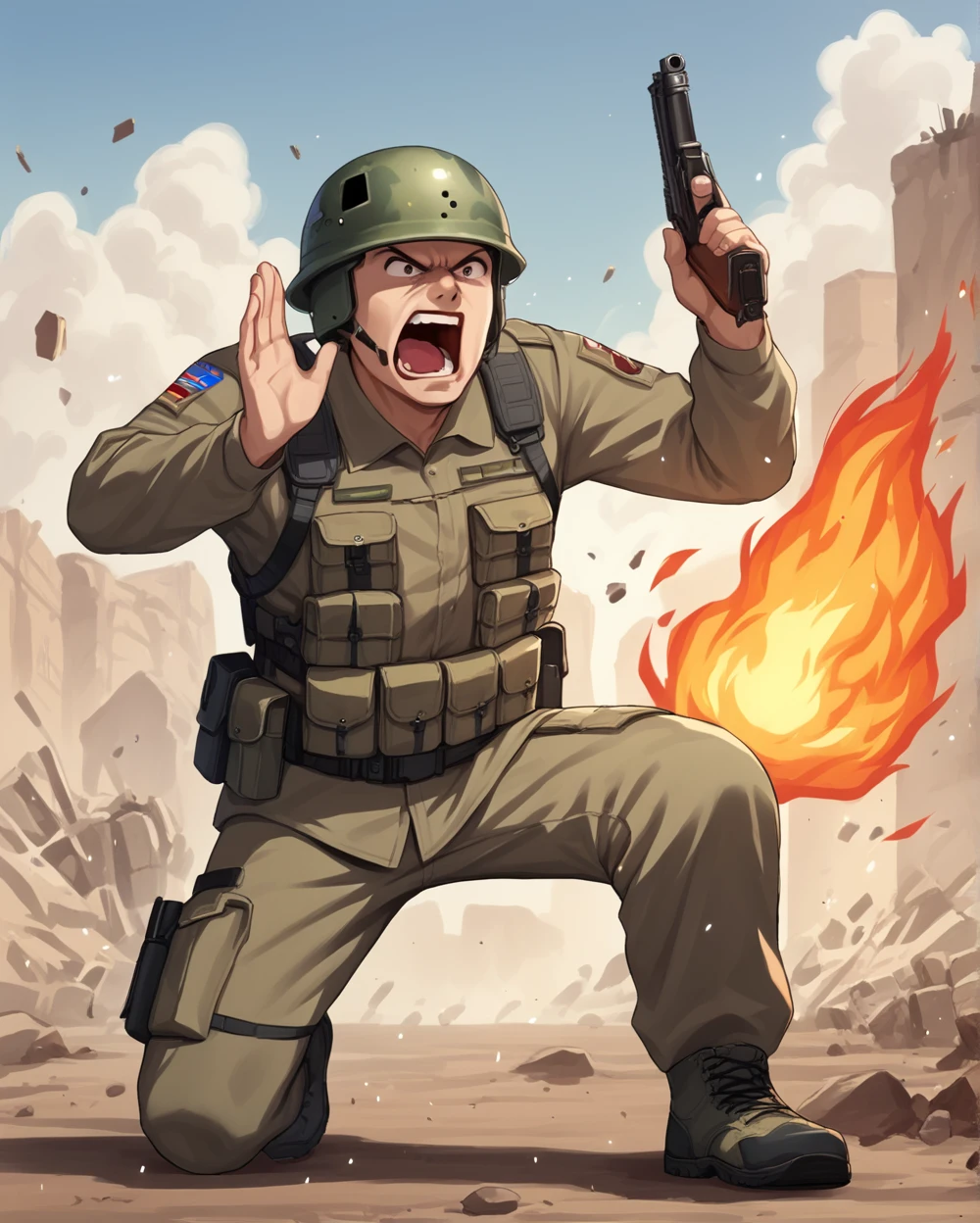 score_9, score_8_up, score_7_up, source_anime BREAK 1boy, soldier, solo, battle field, gun, one hand up, open mouth, shouting, fire, ruin, helmet, gunfire, battle, modern, angry, <lora:Hand_up_calling_outshouting:1>, rating_questionable