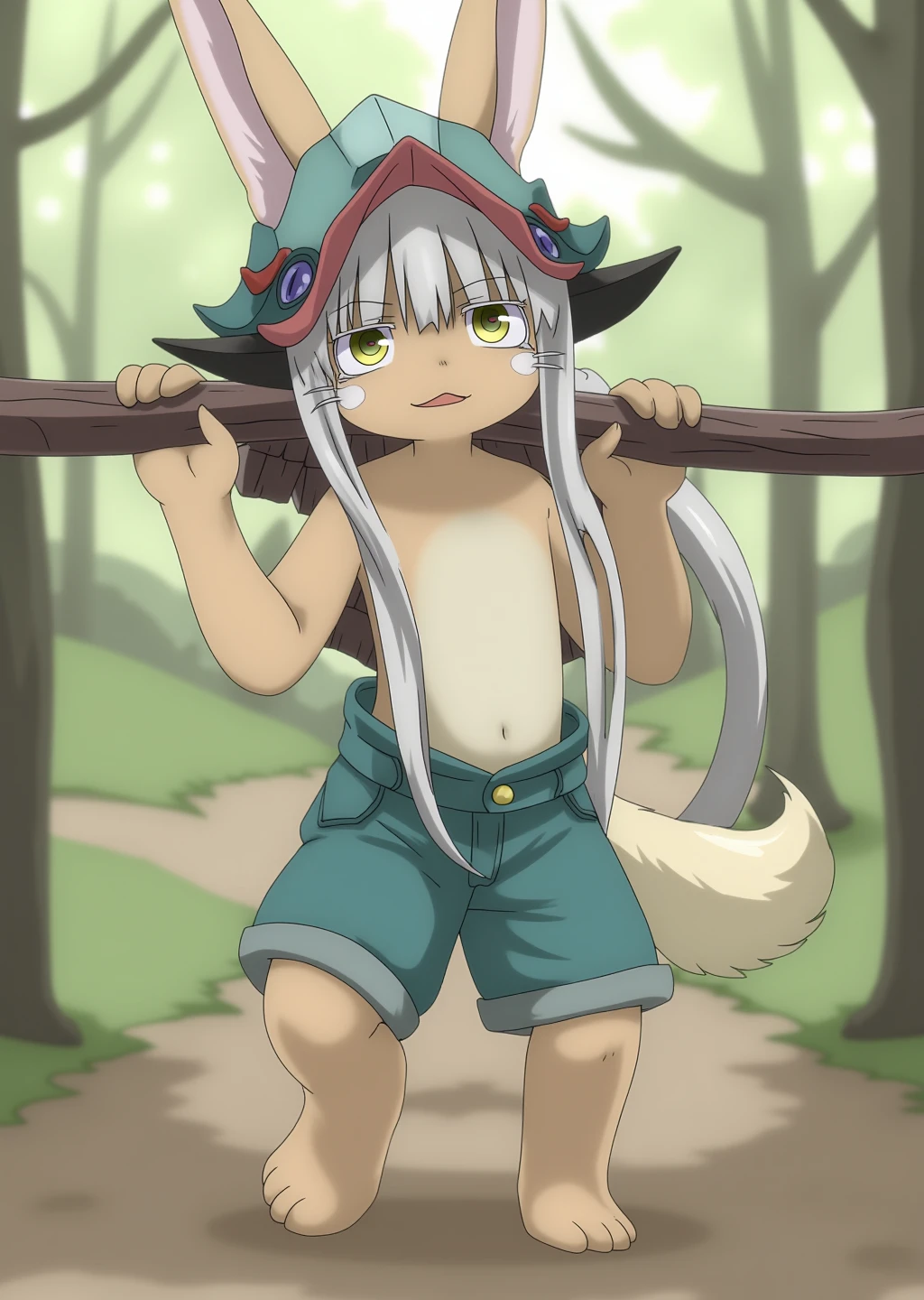 Nanachi is holding the horizontal bar by her hands and upside down turning in the park. smile, animal ears, tail, horned helmet, fang, full body