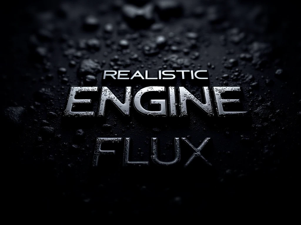 text  "Realistic Engine Flux" is rendered in a deep, matte black (intense dark tones) that exudes sophistication and modernity. The surface of the "Realistic Engine Flux" text is covered in glistening water droplets (reflective highlights), adding depth and a dynamic, textured appearance. The [rough, dark stone background] contrasts sharply with the sleek design, making the "Realistic Engine Flux" text stand out boldly. The composition of (contrasting textures) emphasizes strength and resilience, giving the logo a powerful and memorable presence.