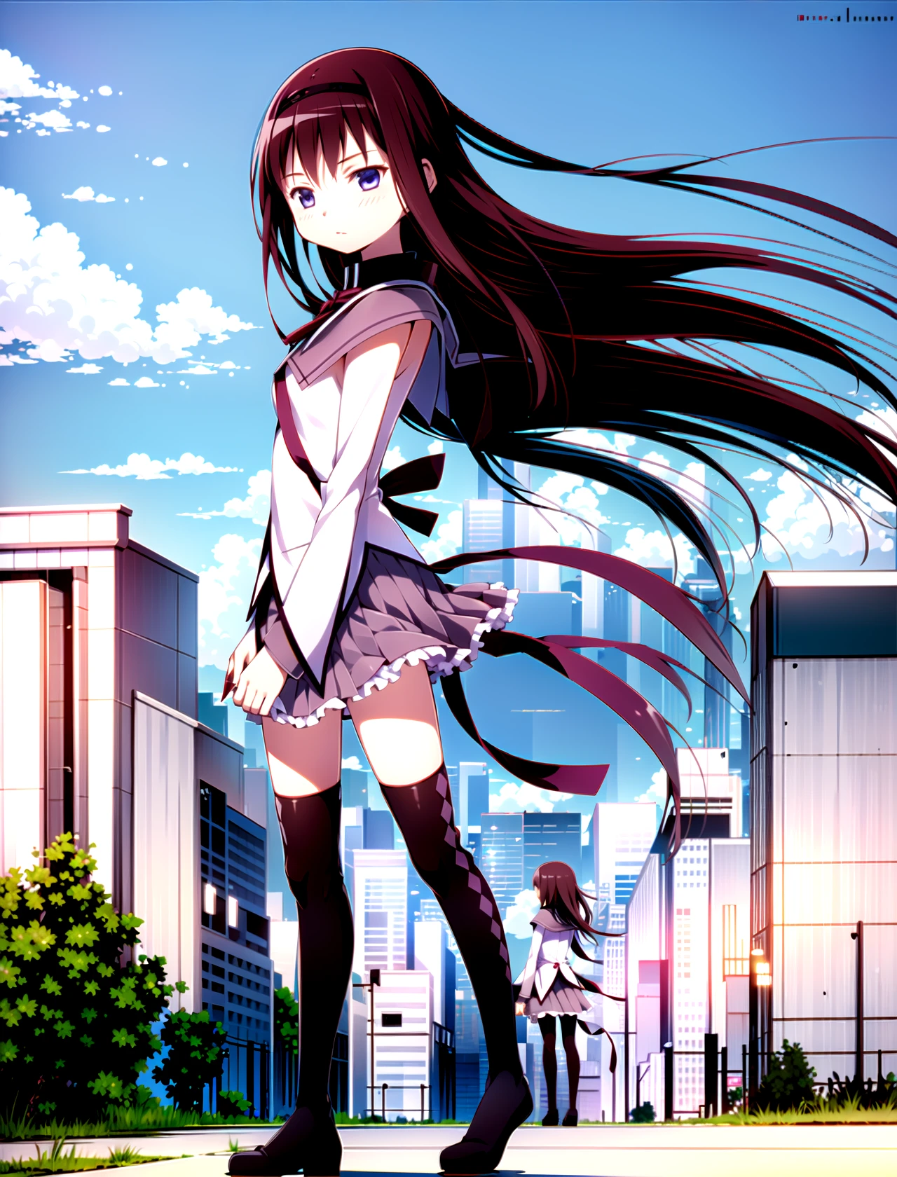 Homura Akemi, solo, standing, outside, 1girl      <lora:Homura-Akemi:1>