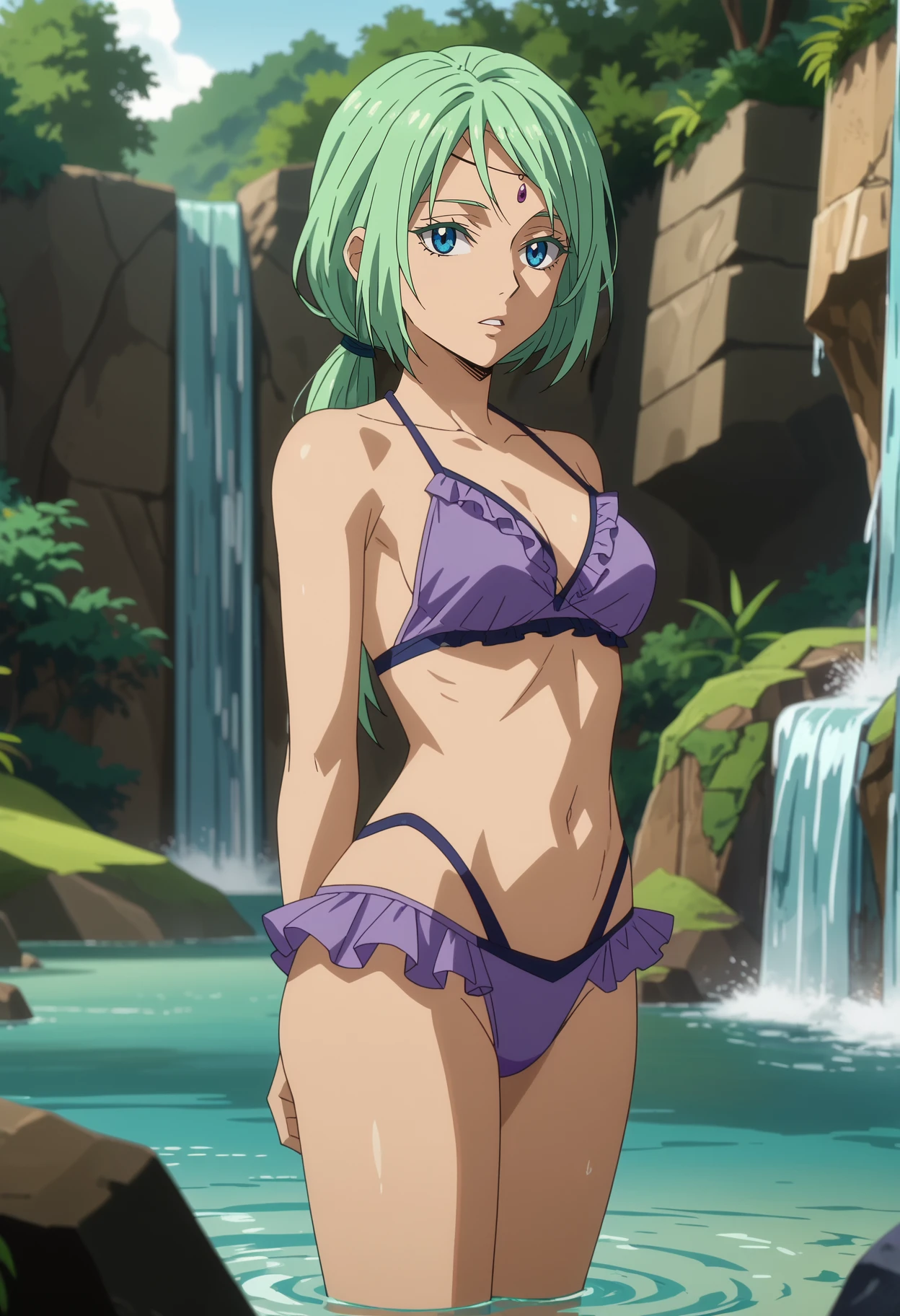 score_7_up, anime screencap,
<lora:TenSura_MyulanXL:0.9>, MyulanTS,
1girl, solo, parted lips,
low ponytail, green hair, blue eyes, circlet,
frilled bikini, highleg bikini, purple bikini,
standing, looking at viewer,
blurry background, outdoors, waterfall, stone, water