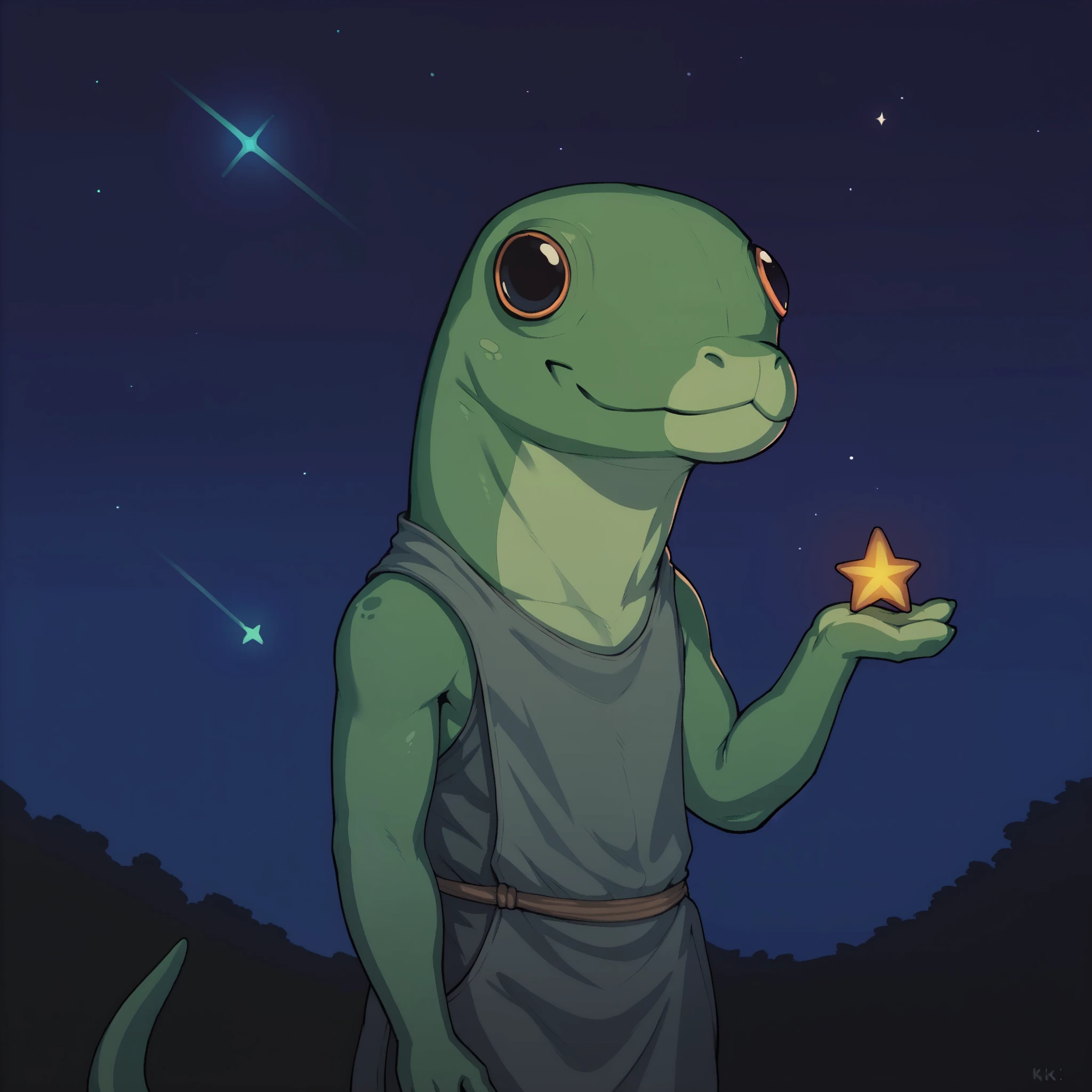 score_9, score_8_up, score_7_up, source_furry, solo, <lora:prikkiki-ti:0.8>, prikkikiti, green skin, nostrils, lizard tail, reptile, smile, closed mouth, night sky, night, dark, star, space, outdoors