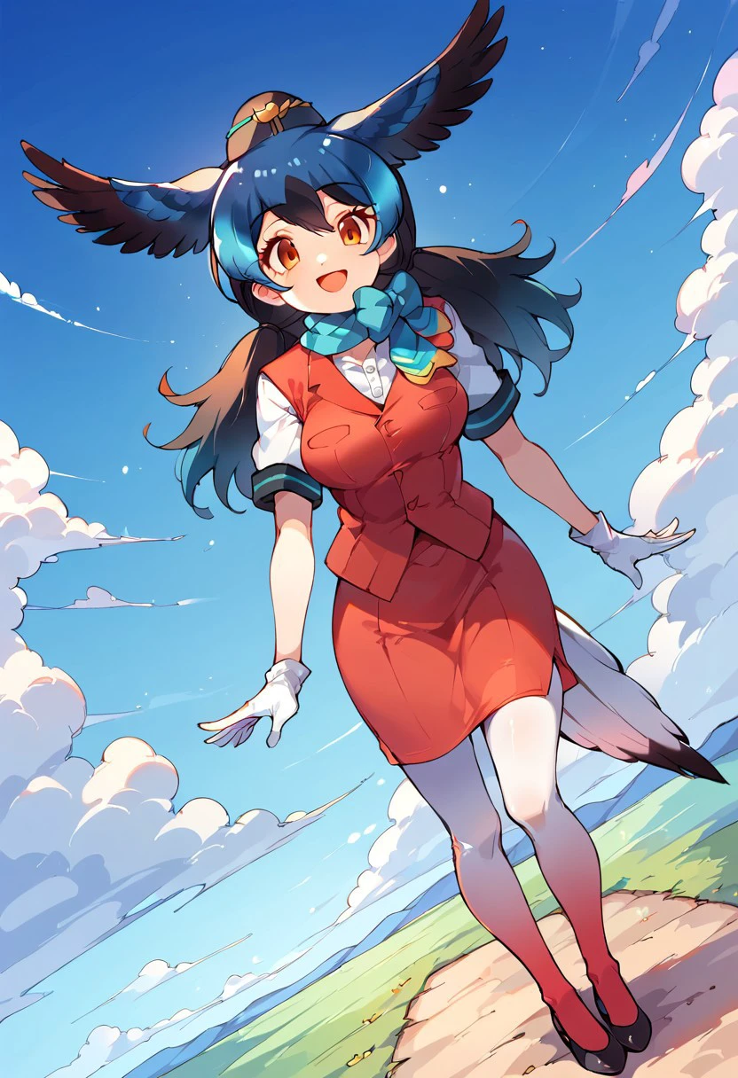 1girl, ((solo)), best quality, ultra-detailed, extremely detailed, perfect anatomy, masterpiece, score_9, score_8_up, score_7_up, Expressiveh, passenger pigeon (kemono friends), multicolored hair, blue hair, black hair, head wings, bird tail, bangs, orange eyes, long hair, twintails, red vest, white shirt, short sleeves, white gloves, red skirt, gradient skirt, hat, garrison cap, gradient legwear, pantyhose, scarf, pencil skirt, blue bowtie, black heels, standing, smiling, happy, staring at viewer, blue skies background, clouds, open mouth smile, dutch angle, closeup,