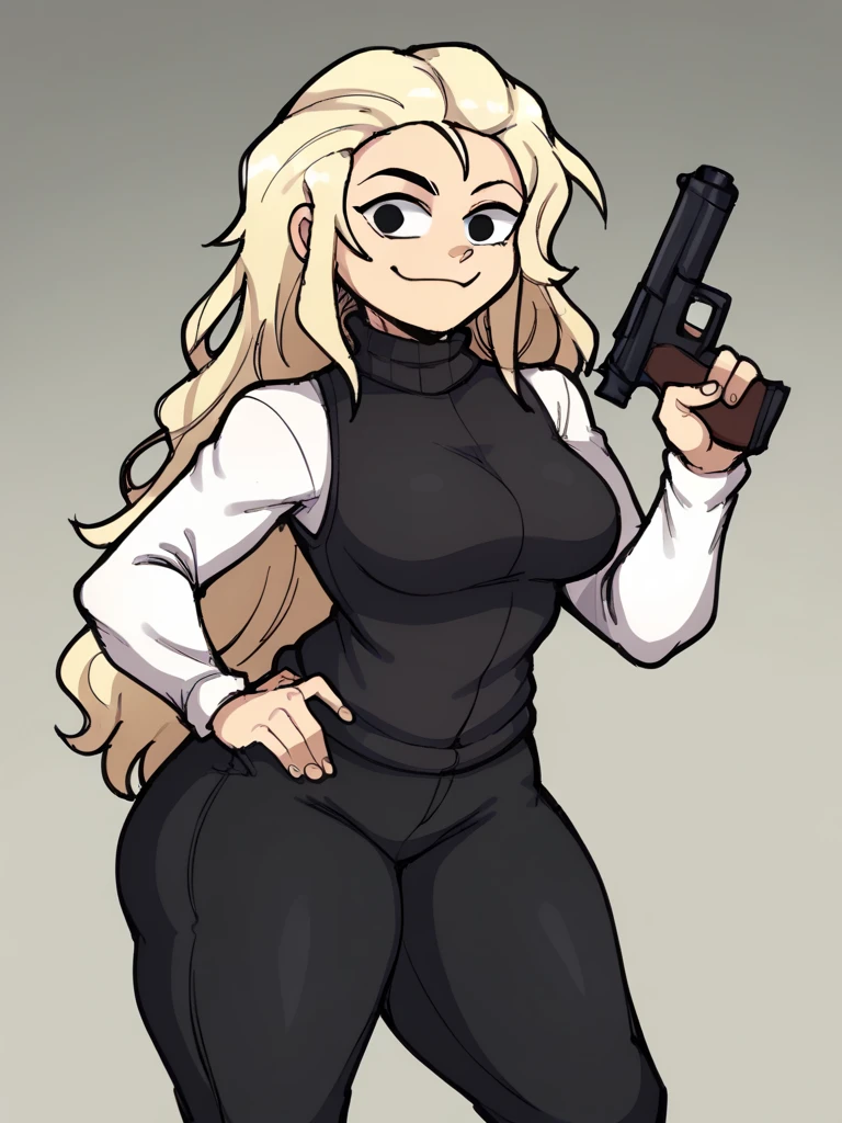 1girl, Dire , blonde hair, long hair ,breasts, black pants, black parka vest, gun, gun to head,holding weapon,long hair ,pistol, solo,  turtleneck sweater, weapon,core_9,score_8_up,score_7_up, 1girl, standing,  smiling,black eyes <lora:direpony:1> <lora:blackwhiplash_style:0.8> blackwhiplash style