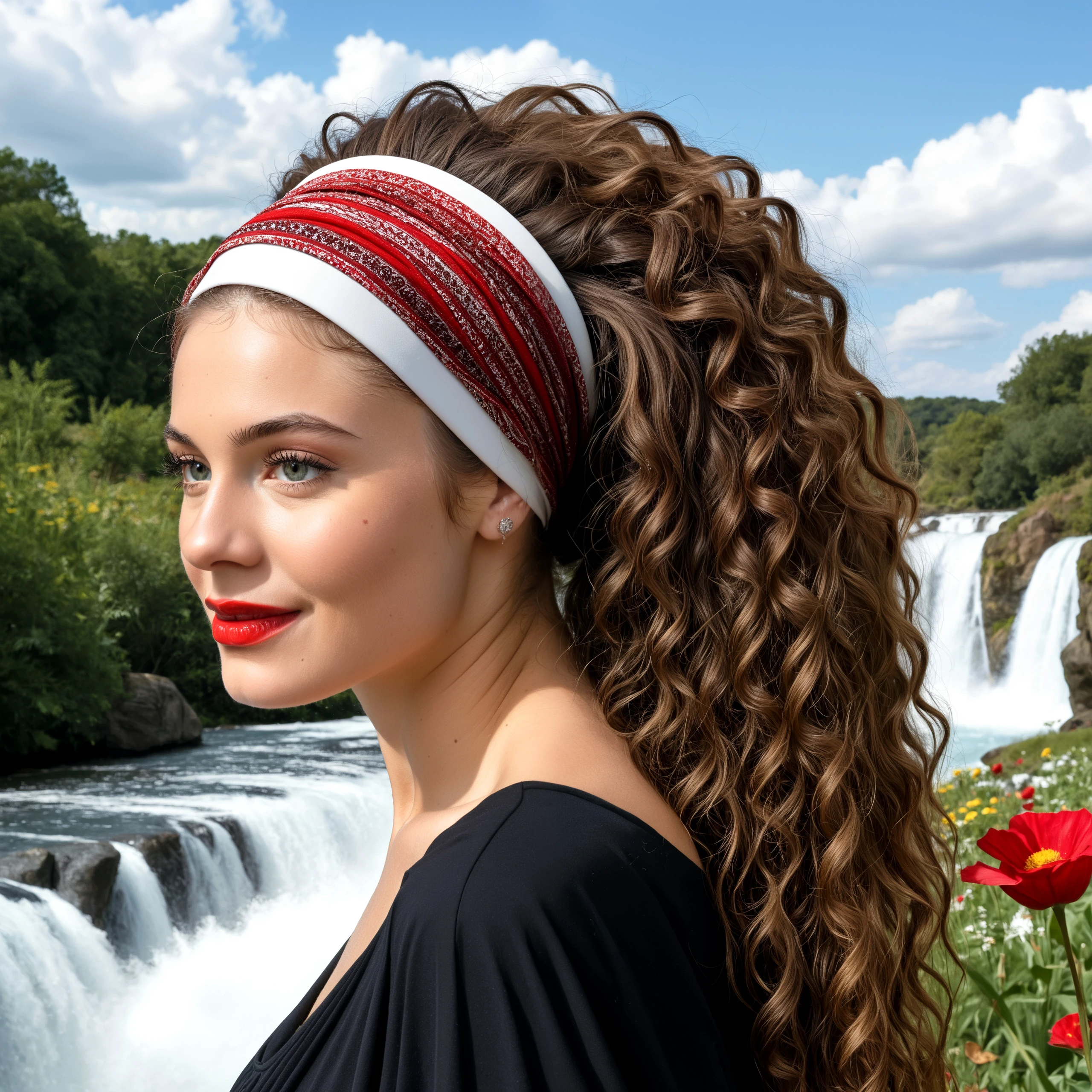 a beautiful  woman, pale skin, red lipstick, dark eyeshadow, brunette hair, long hair, (very big hair:1.2), updo, (beauty marks:0.9), skin details, long eyelashes, 

h41rb4nd, wide-hairband, (large hairband:1.1), 

detailed face, detailed eyes, (slightly smile:0.75), 

outdoor, flowers, waterfall, grass, clouds, 

from slightly side, 8k, ultra detailed, masterpiece, stunning photorealistic background,