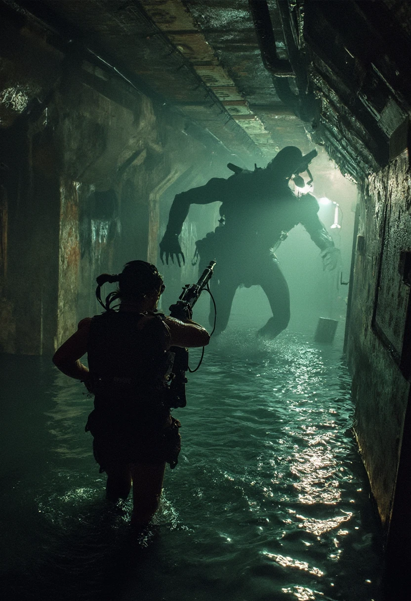 In the partially flooded corridors of an abandoned underwater research facility, a Colonial Marine wades through waist-deep, murky water, her M56 Smartgun held above the surface, captured in chilling photorealism. The facility is in a state of decay, with broken lights flickering sporadically, casting eerie reflections on the water’s surface. The walls are slick with moisture and algae, and the sound of dripping water echoes ominously through the passageways. The Marine’s movements are slow and cautious, her eyes darting nervously as she scans the dark, submerged corners with the Smartgun's targeting system. The photorealistic detail enhances the tension, showing the cold sweat on her face, the water rippling around her, and the debris floating in the flooded corridor. Suddenly, the water around her begins to churn violently, and she whirls around just as a massive, shadowy figure rises from the depths. The Smartgun’s muzzle flashes, illuminating the grotesque form of an aquatic Xenomorph lunging at her, its jaws wide open. The image captures the raw terror of the moment, where the Marine’s skill and firepower are her only defense against the monstrous threat lurking in the dark, suffocating depths