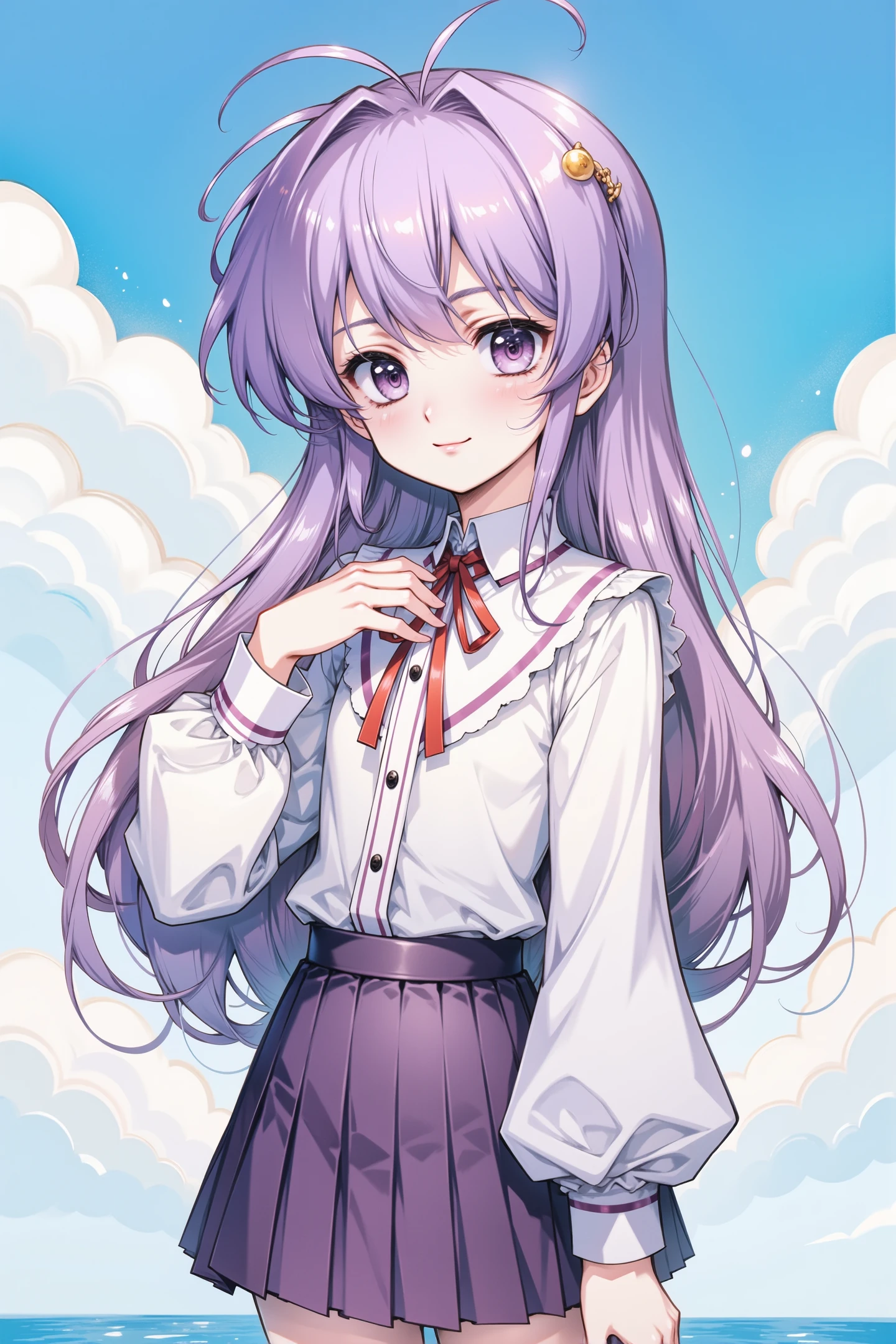 flyx3 Style, Iriya Kana, 1girl, solo, skirt, long hair, hair ornament, holding, long sleeves, shirt, ribbon, pleated skirt, looking at viewer, cloud, puffy sleeves, hair bobbles, sky, school uniform, purple skirt, purple eyes, red ribbon, neck ribbon, purple hair, bangs, closed mouth, smile, white shirt, very long hair, cowboy shot, juliet sleeves, blush, bag, frills, v arms, sailor collar, blue sky, hair intakes, hair between eyes, holding bag, one side up, standing, layered sleeves, cloudy sky, day, low-tied long hair, sleeve cuffs, outdoors, antenna hair.
<lora:flyx3_FLUX:1.0>