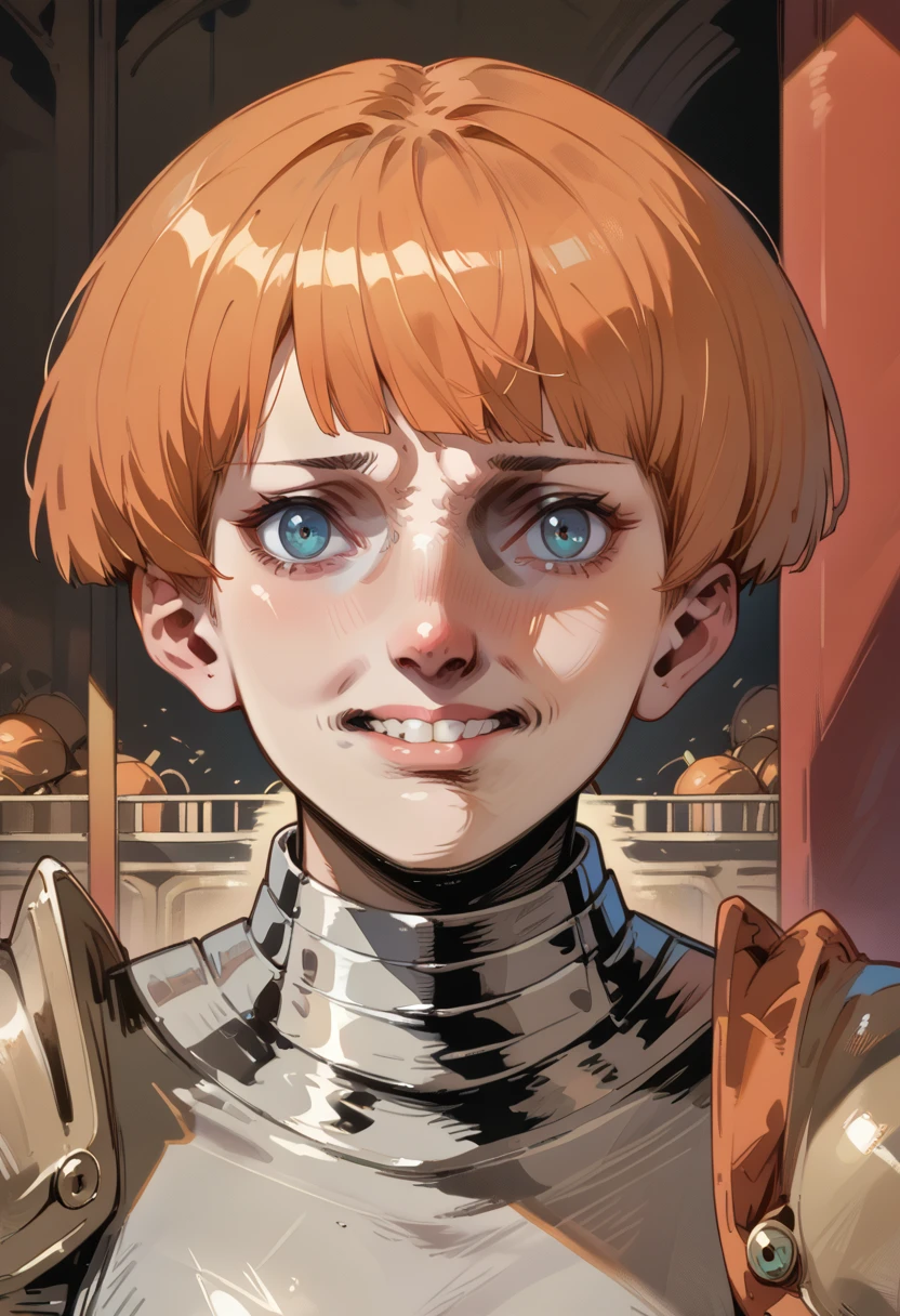 <lora:agniface-000011:1>, agniface, looking at viewer, teeth, 1girl, <lora:darceFH:1> darceFH orange hair bangs blue eyes knight steel armor breastplate, score_9, score_8_up, score_7_up, score_6_up