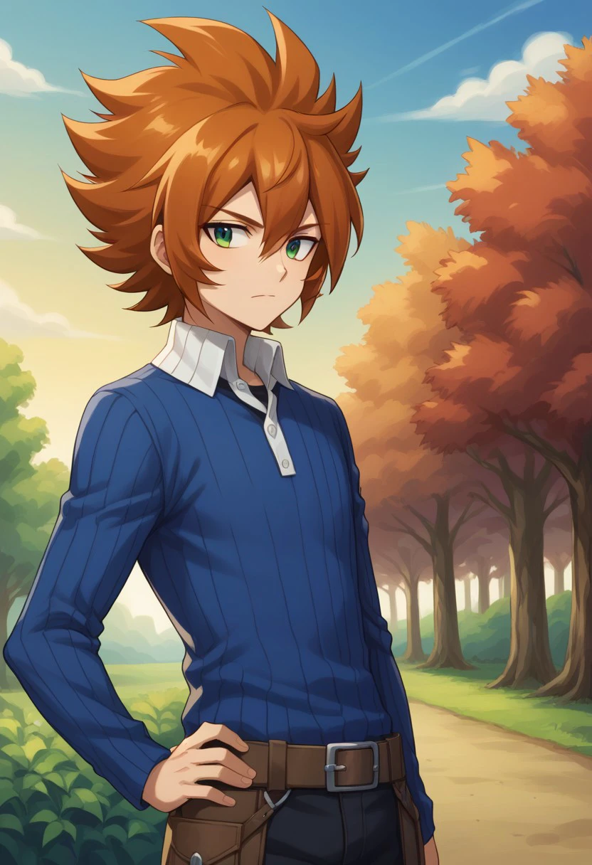 score_9, score_8_up, score_7_up, source_anime, highly detailed, 
shiren, solo, 1boy, male focus, green eyes, hand on hip, orange hair, looking at viewer,
shirt, long sleeves, closed mouth, upper body, spiked hair, belt, sweater, high collar, blue sweater,
outdoor, sky, tree