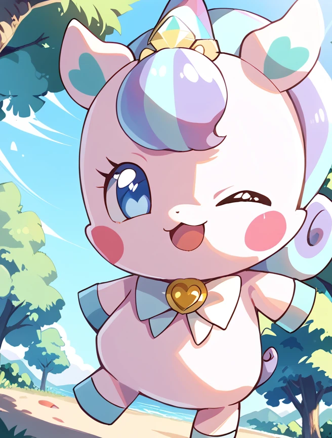 score_10, score_9_up, score_8_up, Niko, solo, looking at viewer, blue eyes, open mouth, outdoors, one eye closed, horns, day, tree, no humans, :3, blush stickers, >_o, dynamic pose, smile