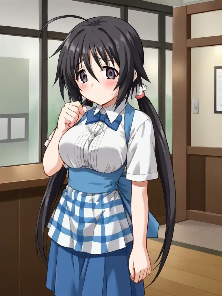 <lora:sakuhiyovgrebirthpony:0.7>
1girl, solo, sakuragihiyorivgrebirth, black hair, long hair, low twintails, ahoge, black eyes, waitress, indoors, restaurant, nervous, standing, cowboy shot, looking at viewer