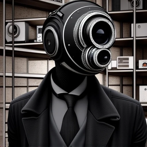 where the visual elements are fragmented and intertwined, black head and is adorned with goggles that are part of the helmet-like visor. It also wears a dark coat with lapels and what appears to be a tie or ribbon around its neck. The mannequin's pose is neutral with no visible movement.  The background is industrial, which appears to have multiple layers of binary digits surrounding it. Overlaid on this central circle are several runic symbols, open shelving unit filled with various objects. The objects include vintage and modern electronics such as speakers, indicating it may be nighttime or that there's a large amount of artificial lighting that gives the scene a nocturnal feel. There are no visible texts on the image., with attention to detail in the robot's design and the background's gritty aesthetic., with a large metallic tube that houses the lens, with some areas having a more vivid hue while others appear to be more subdued. There's a stark contrast between the darker background and the lighter elements, and stubble.  The robot is dressed in a formal suit