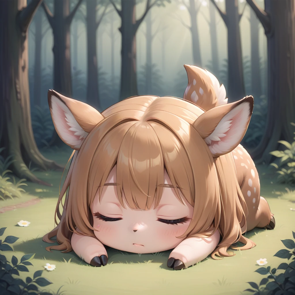 chibi deer girl sleeping, tail, in forest