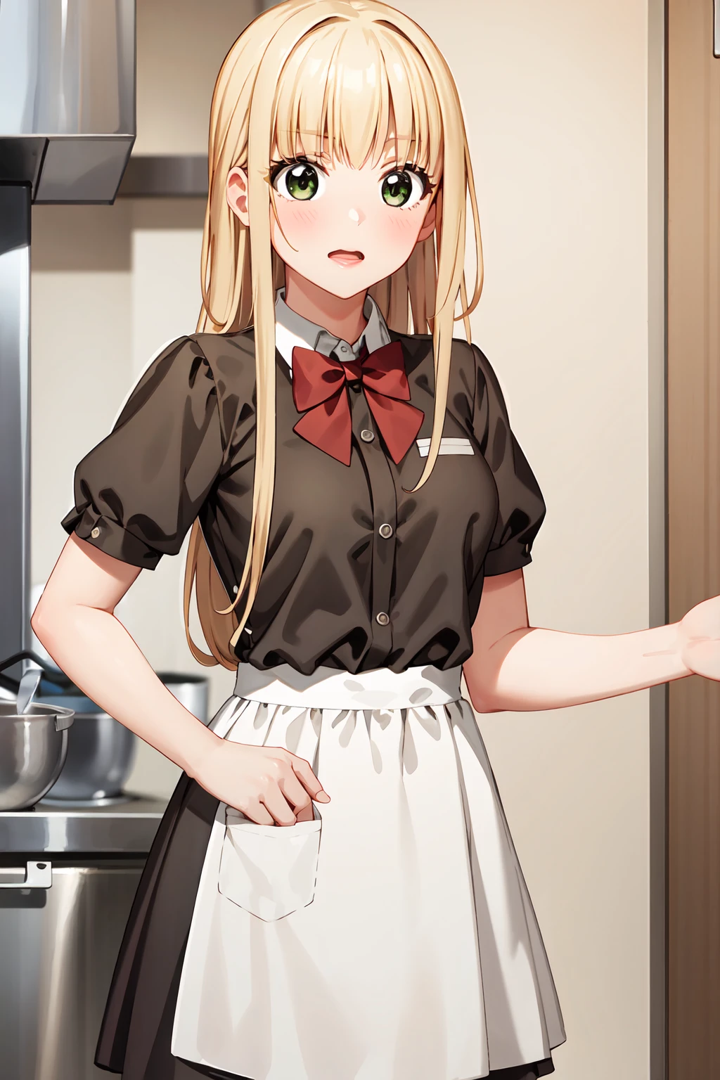 (masterpiece, best quality:1.2), 1girl, solo, rcizuminoel, long hair, medium breasts, waitress, brown shirt, short sleeves, apron, red bowtie, <lora:noelizumi_v2-000011:0.6>