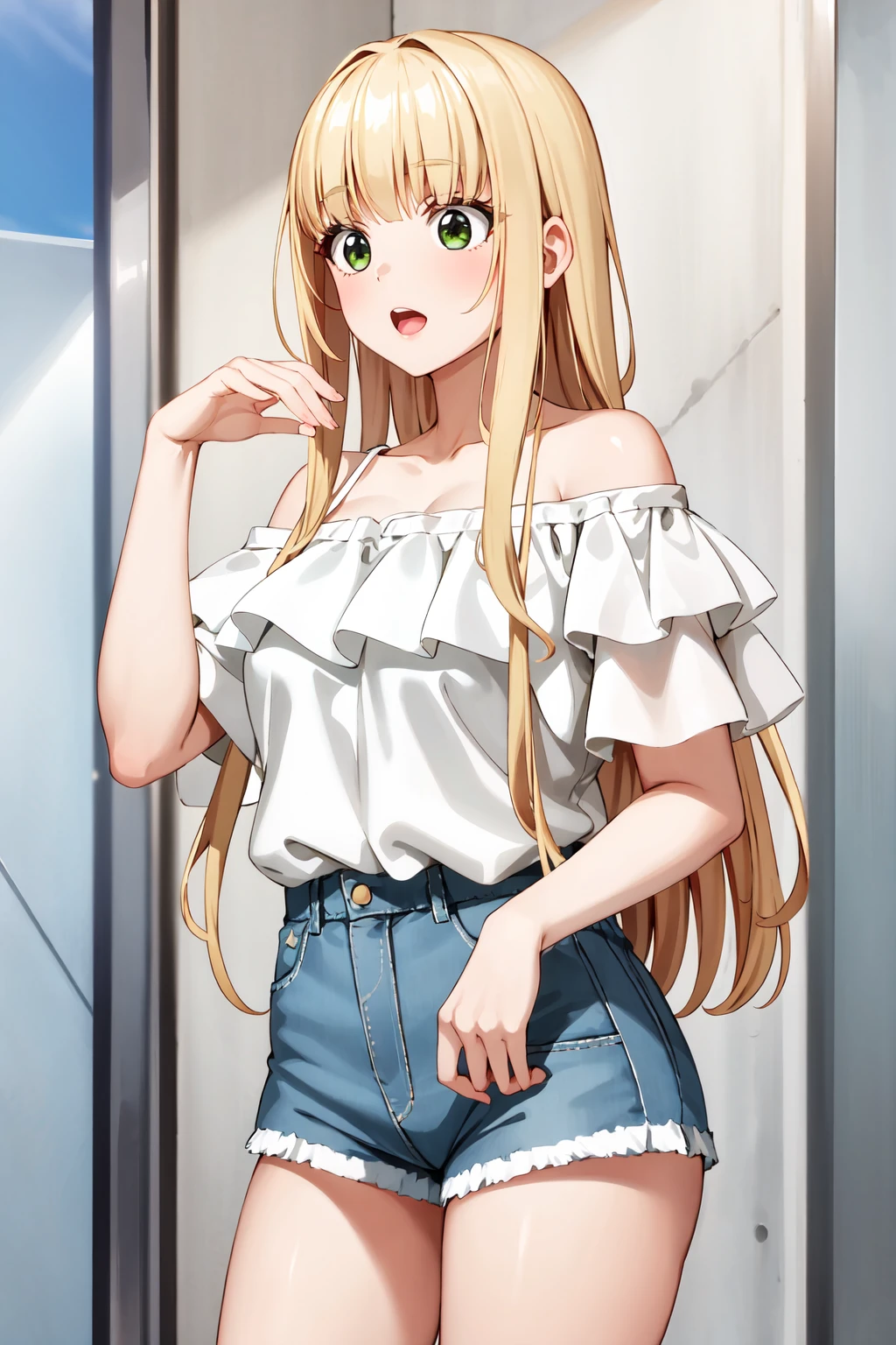 (masterpiece, best quality:1.2), 1girl, solo, rcizuminoel, long hair, medium breasts, white frilled shirt, off-shoulder shirt, short shorts, blue denim shorts,  <lora:noelizumi_v2-000011:0.6>