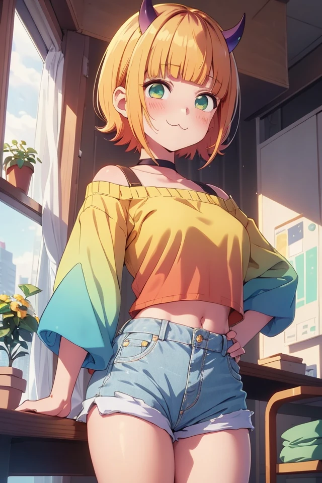 (P_Mem_Cho), 1girl, solo, short hair, :3, blunt bangs,  smile, blush, looking at viewer, (tiny horns), memcho, (((gradient hair:1))), multicolored hair,
Green puff sleeve top, white denim shorts,