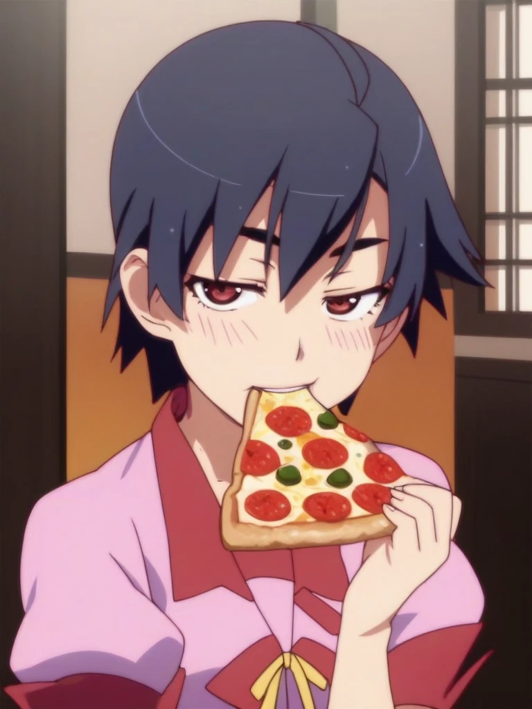 score_9, score_8_up, score_7_up, source_anime, anime screencap, 
rating_questionable,

1girl, kanbaru suruga, short hair, black hair, naoetsu high school uniform, upper body, 

holding pizza, eating pizza, melt cheese, cheese string, cheese trail, 
open mouth, biting pizza,

looking at viewer, seductive look, narrowed eyes, blush,