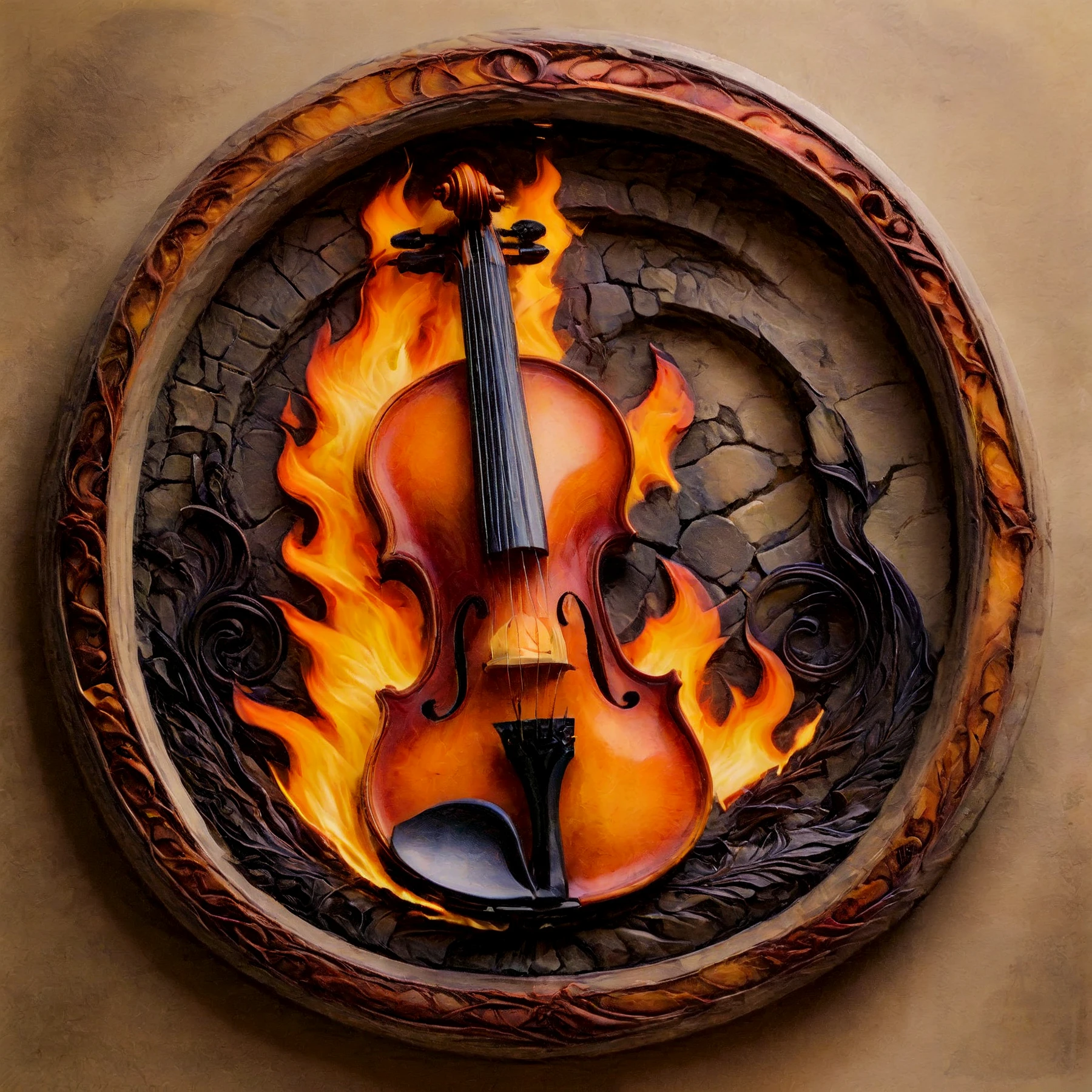 A framed violin, fire, flames. 

<lora:StoneFramed01-05_CE_SDXL_128OT:0.9>